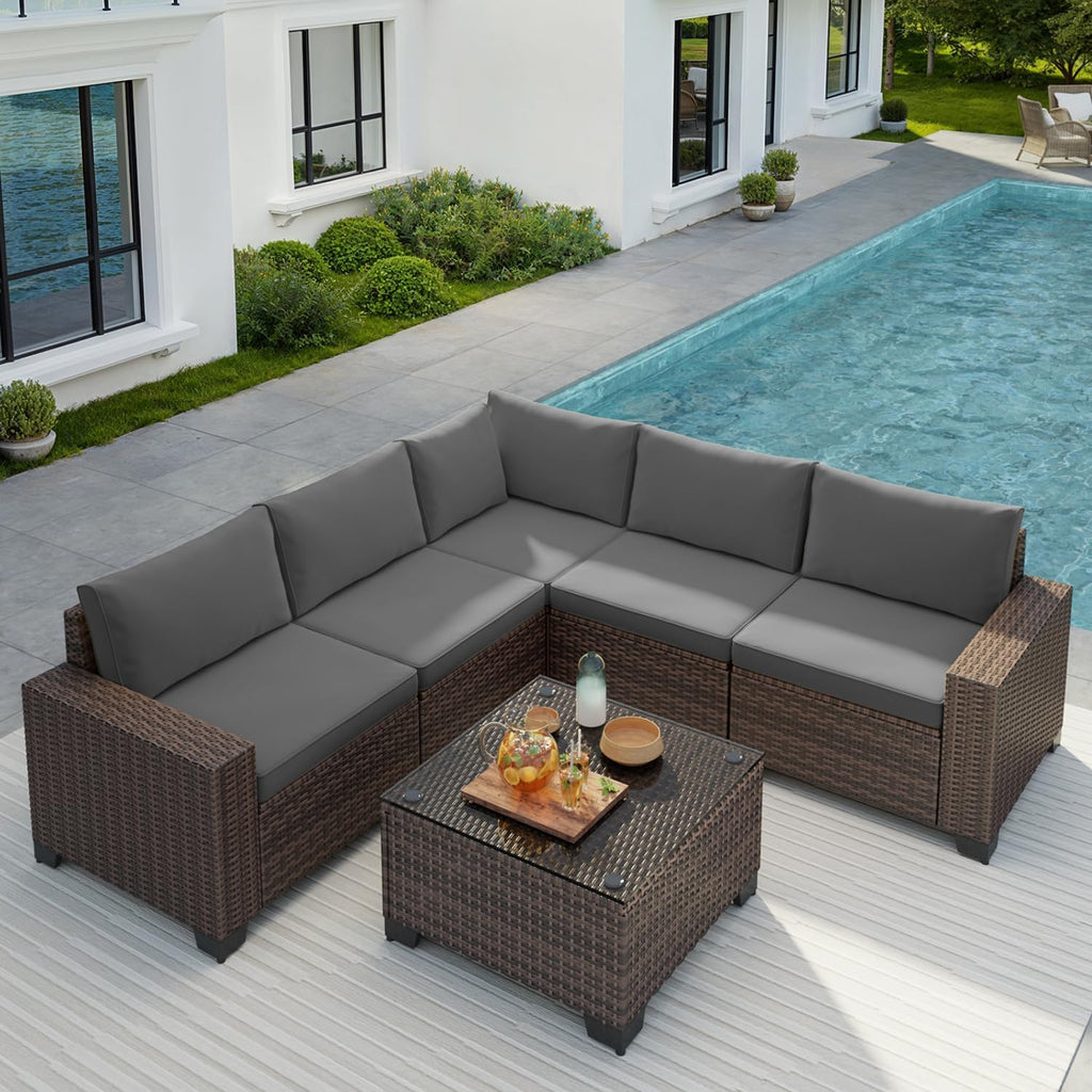 Gizoon 6-Piece Outdoor Patio Furniture Set, PE Wicker Rattan Sectional Sofa Conversation Set with Thickened Cushions and Coffee Table, All-Weather Patio Furniture for Garden, Backyard, Poolside, Grey