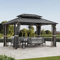 Modern Shade The Horizon Hard Top Gazebo 10' x 14' with 4 LED Lights, Permanent Hardtop Gazebo with Galvanized Steel Double Roof, Metal Gazebo with Decor Hooks, Mosquito Nettings for Patio, Black