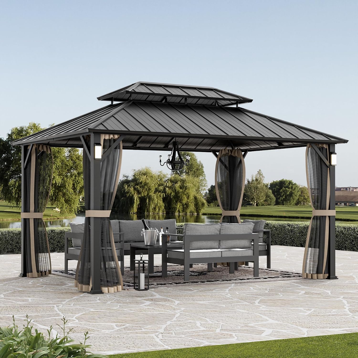 Modern Shade The Horizon Hard Top Gazebo 10' x 14' with 4 LED Lights, Permanent Hardtop Gazebo with Galvanized Steel Double Roof, Metal Gazebo with Decor Hooks, Mosquito Nettings for Patio, Black