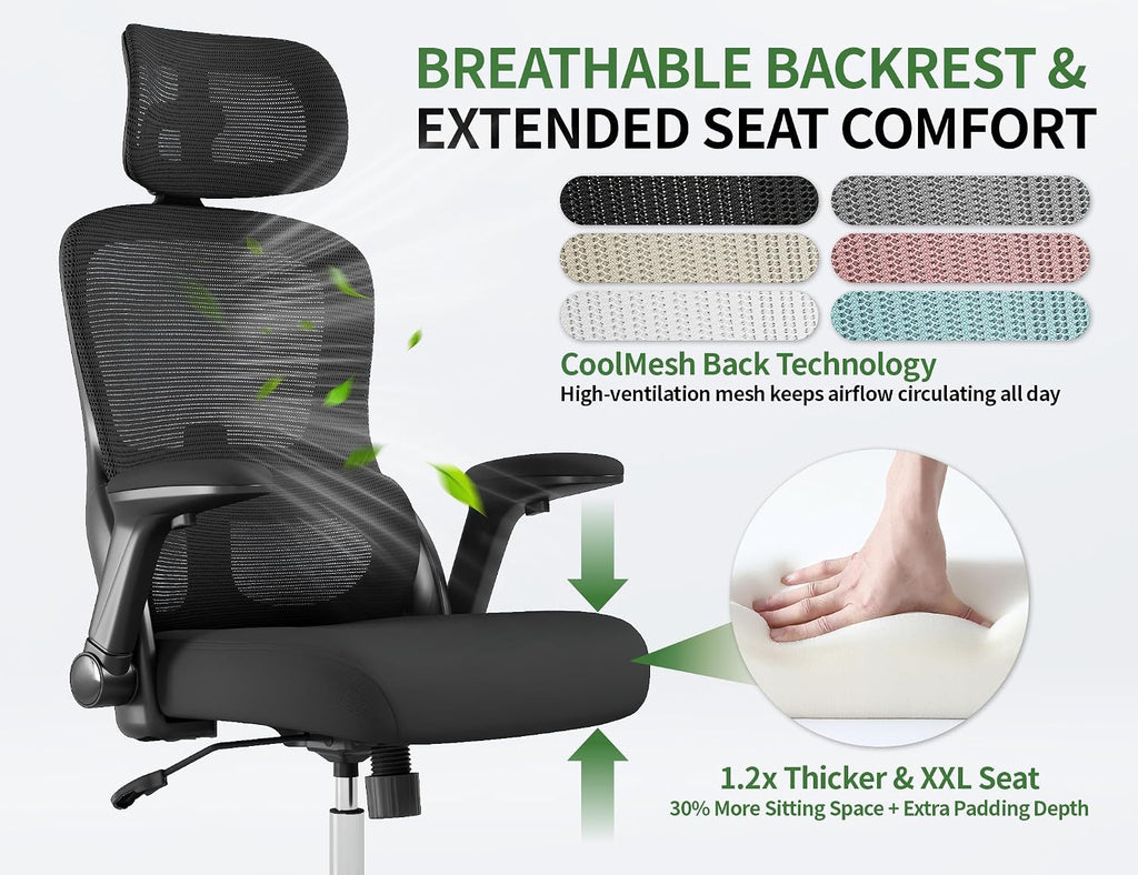 Office Chair - Ergonomic Desk Chair with Adjustable Headrest Lumbar Support Computer Chair - Mesh Comfy Chairs with Flip-up Armrests - Big and Tall Gaming Chairs for Adults Home Office(Black)