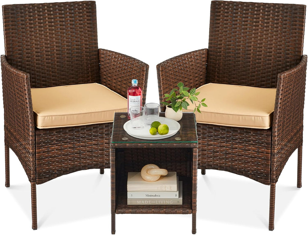 Best Choice Products 3-Piece Outdoor Wicker Conversation Bistro Set, Space Saving Patio Furniture for Garden w/Side Table - Brown/Tan