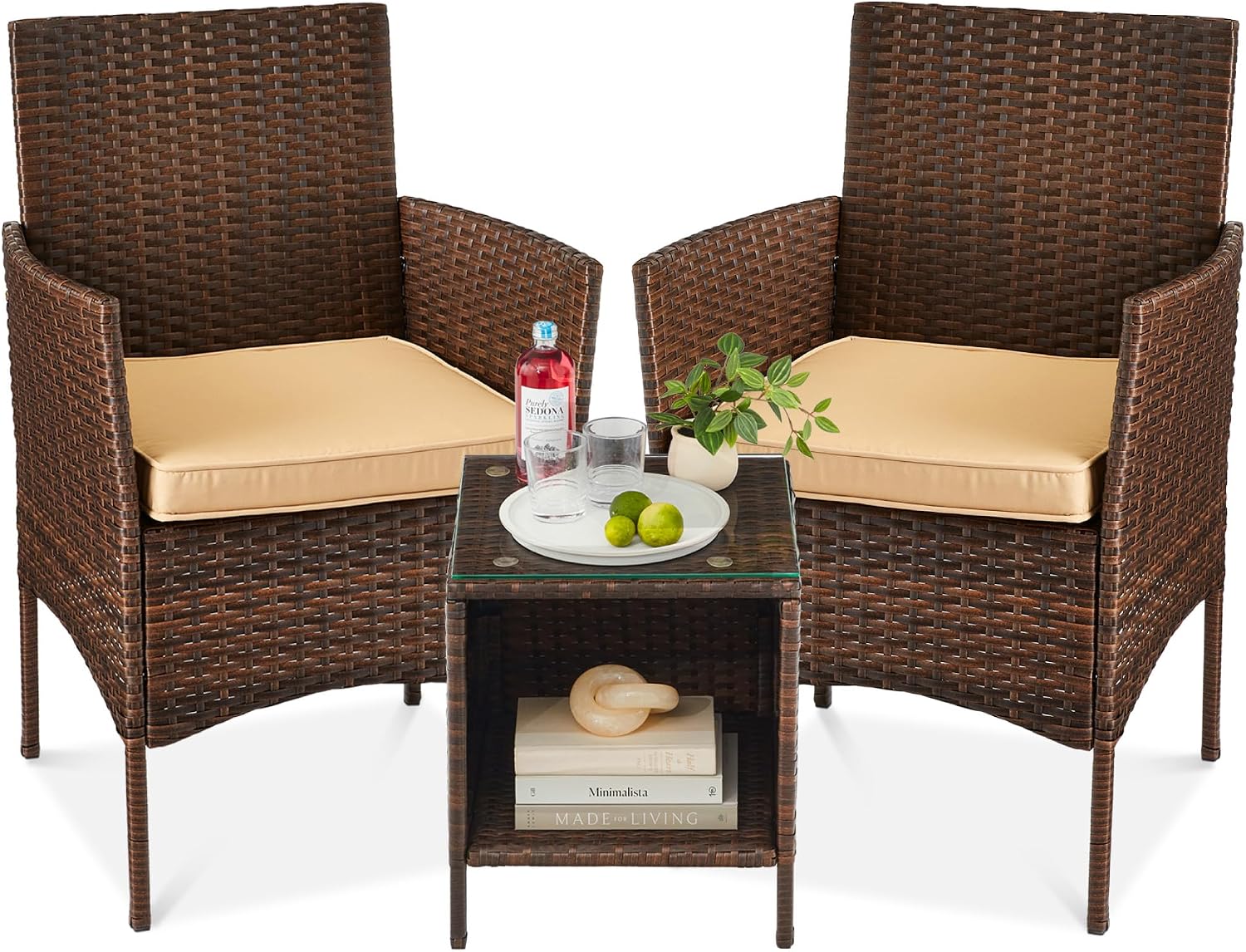 Best Choice Products 3-Piece Outdoor Wicker Conversation Bistro Set, Space Saving Patio Furniture for Garden w/Side Table - Brown/Tan