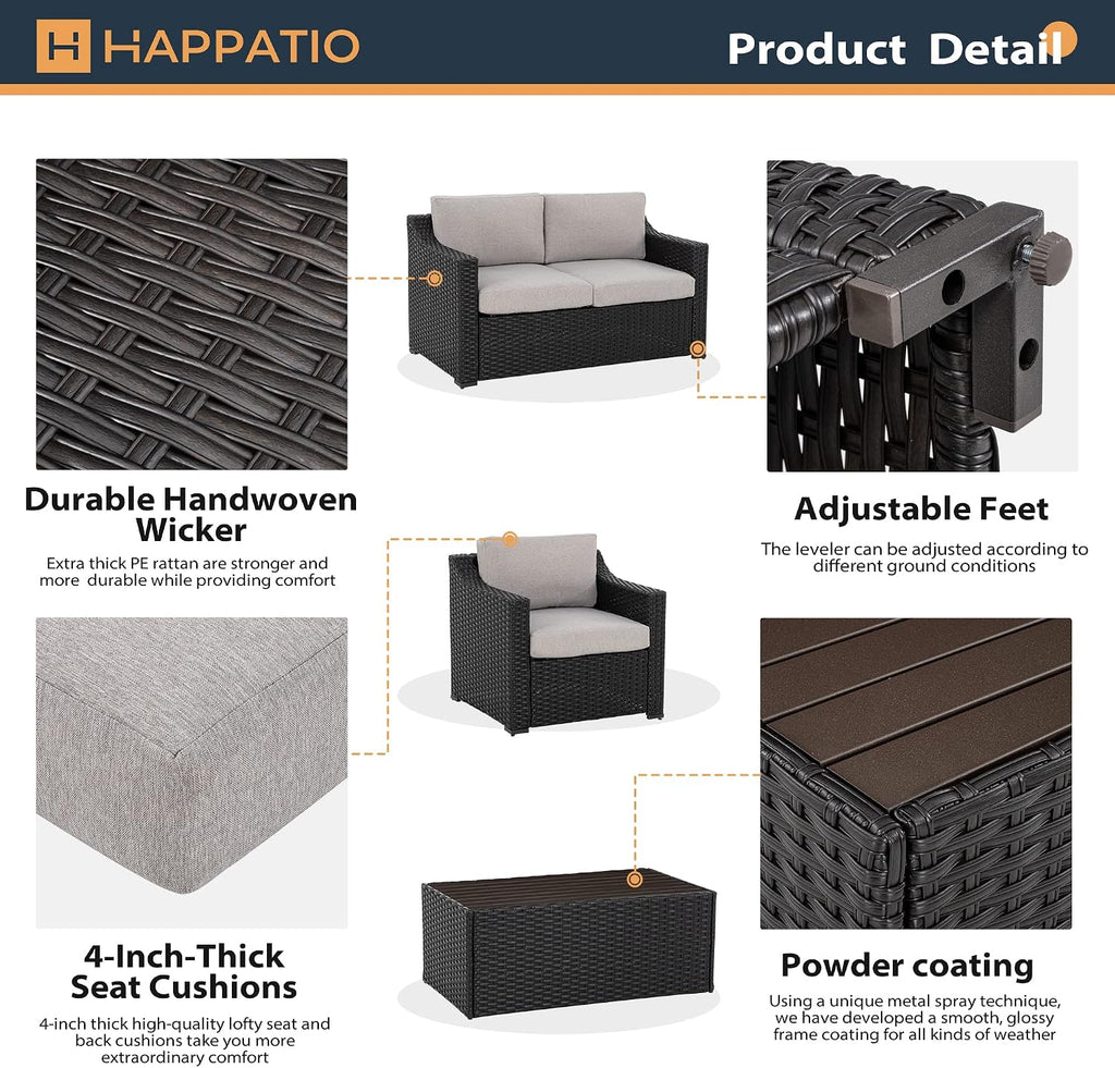 HAPPATIO Patio Conversation Set for 4, Modern Outdoor Sectional Sofa, PE Rattan Wicker (Brown/Grey)