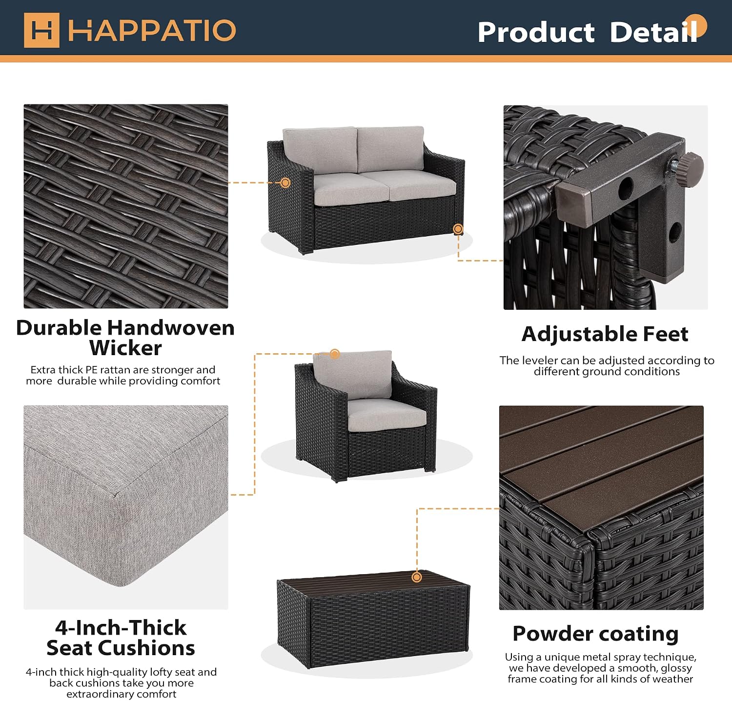 HAPPATIO Patio Conversation Set for 4, Modern Outdoor Sectional Sofa, PE Rattan Wicker (Brown/Grey)
