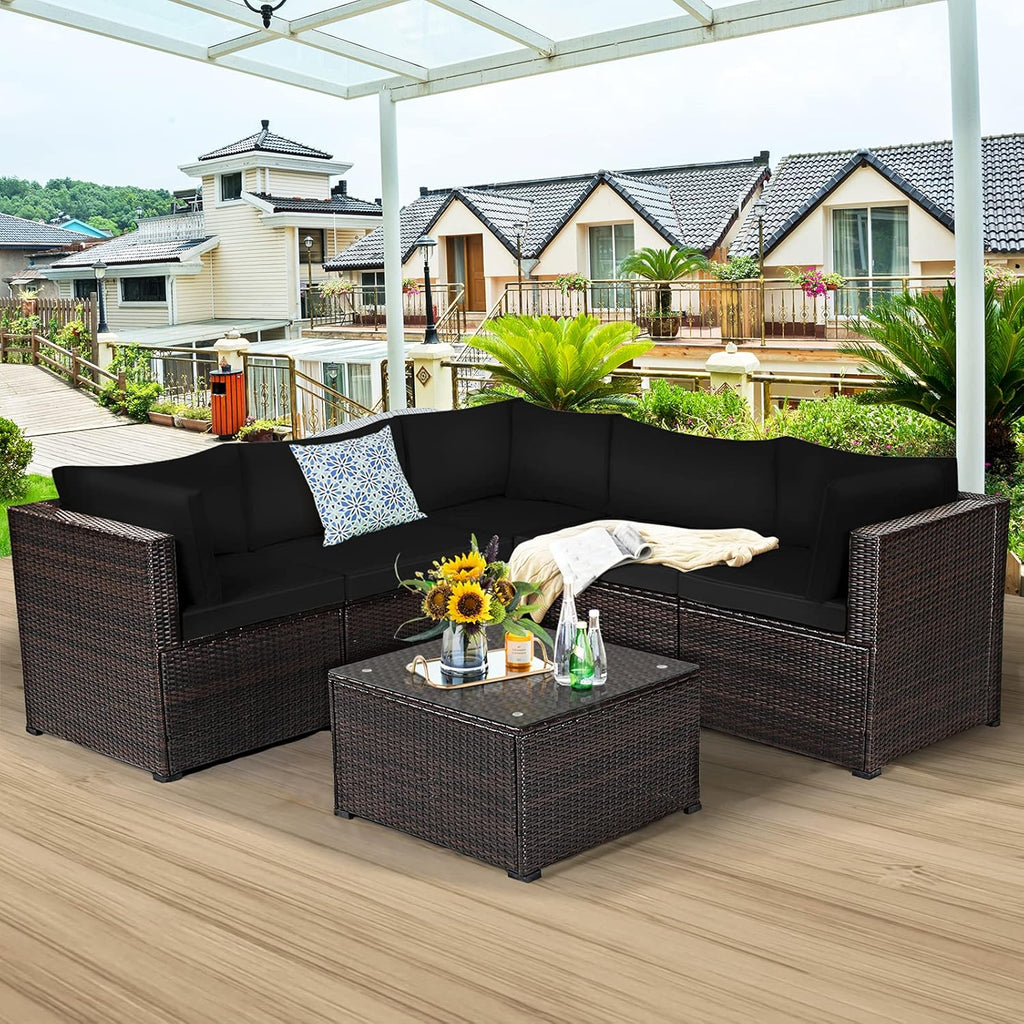 Tangkula 6 Pieces Patio Furniture Set, Outdoor Rattan Sofa Set, Wicker Conversation Set w/Tempered Glass Coffee Table & Cushions, Sectional Sofa Set for Backyard, Garden, Balcony, Poolside (Black)