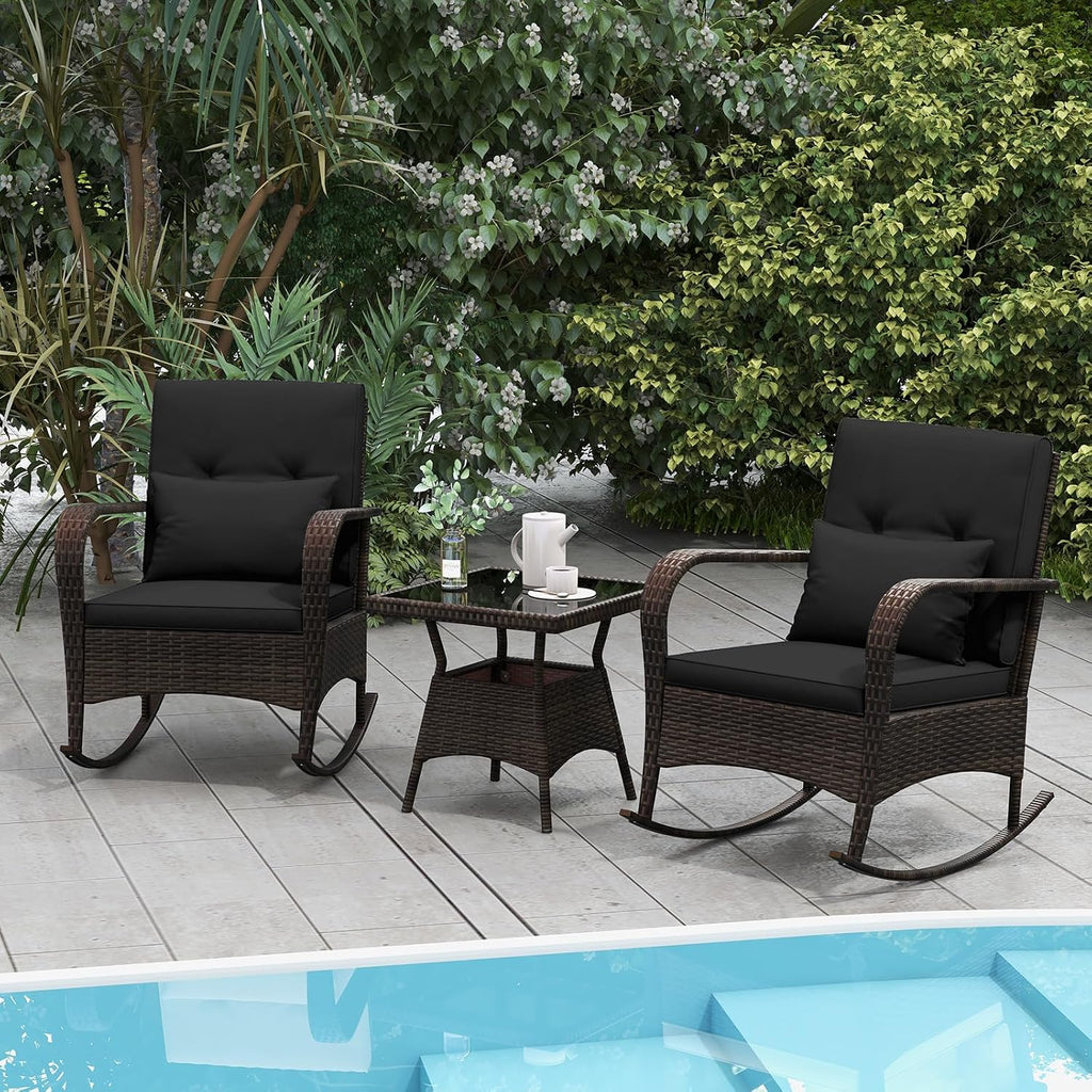 ORALNER 3 Pieces Patio Furniture Set, Outdoor Wicker Rocking Chairs with Cushions, Pillows, Glass Coffee Table, Rattan Bistro Rocker Set for Balcony Front Porch Poolside Garden Deck Yard (Black)