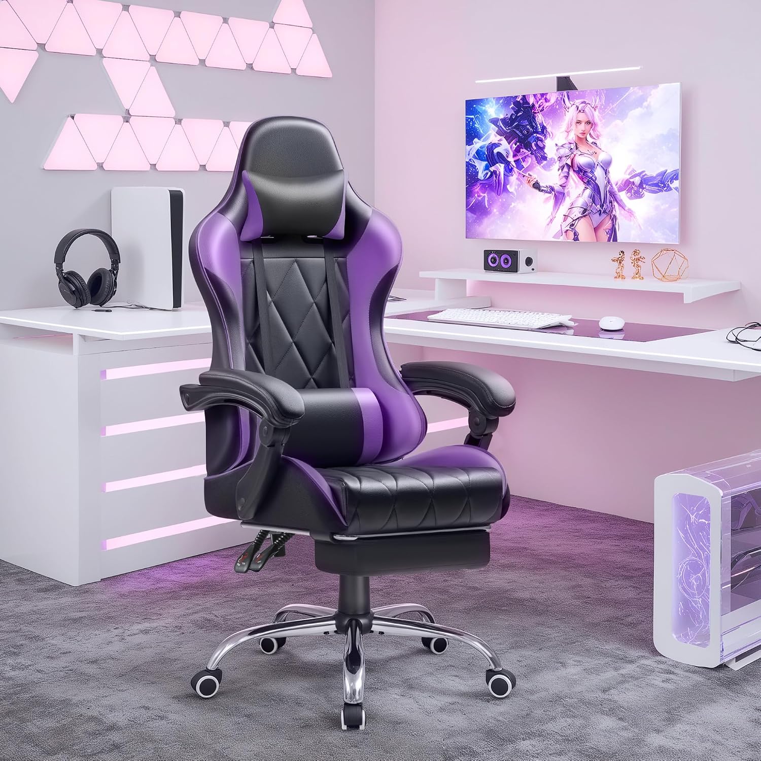 Shahoo Gaming Chair with Footrest and Massage Lumbar Support, Ergonomic Office Computer Seat Height Adjustable with Headrest, Purple