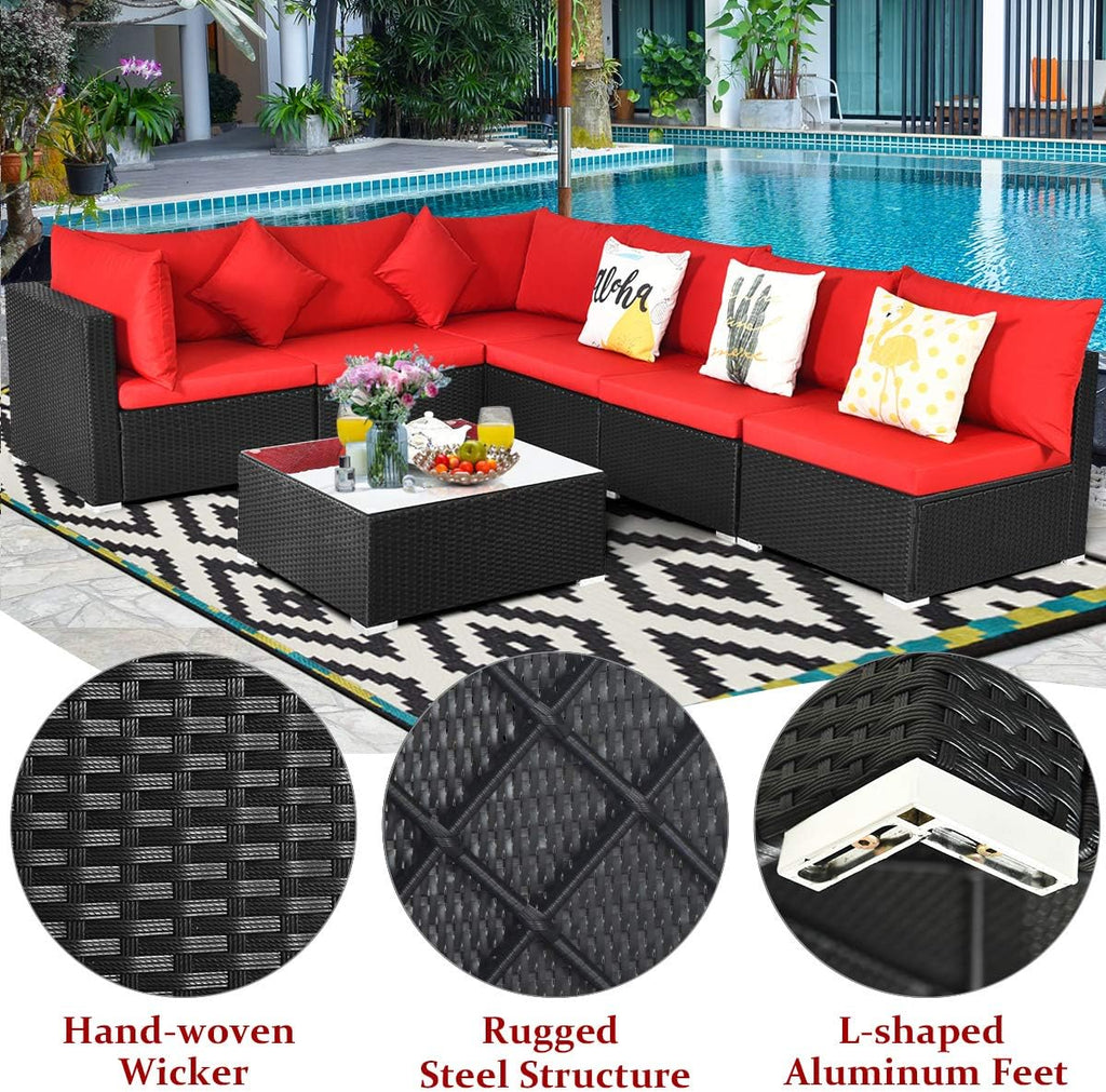 COSTWAY 7 Pieces Patio Furniture Set, Outdoor Rattan Conversation Set with 6 Seats, Coffee Tea Table, Soft Cushions, Wicker Patio Sectional Sofa for Garden Balcony Porch Poolside, Red