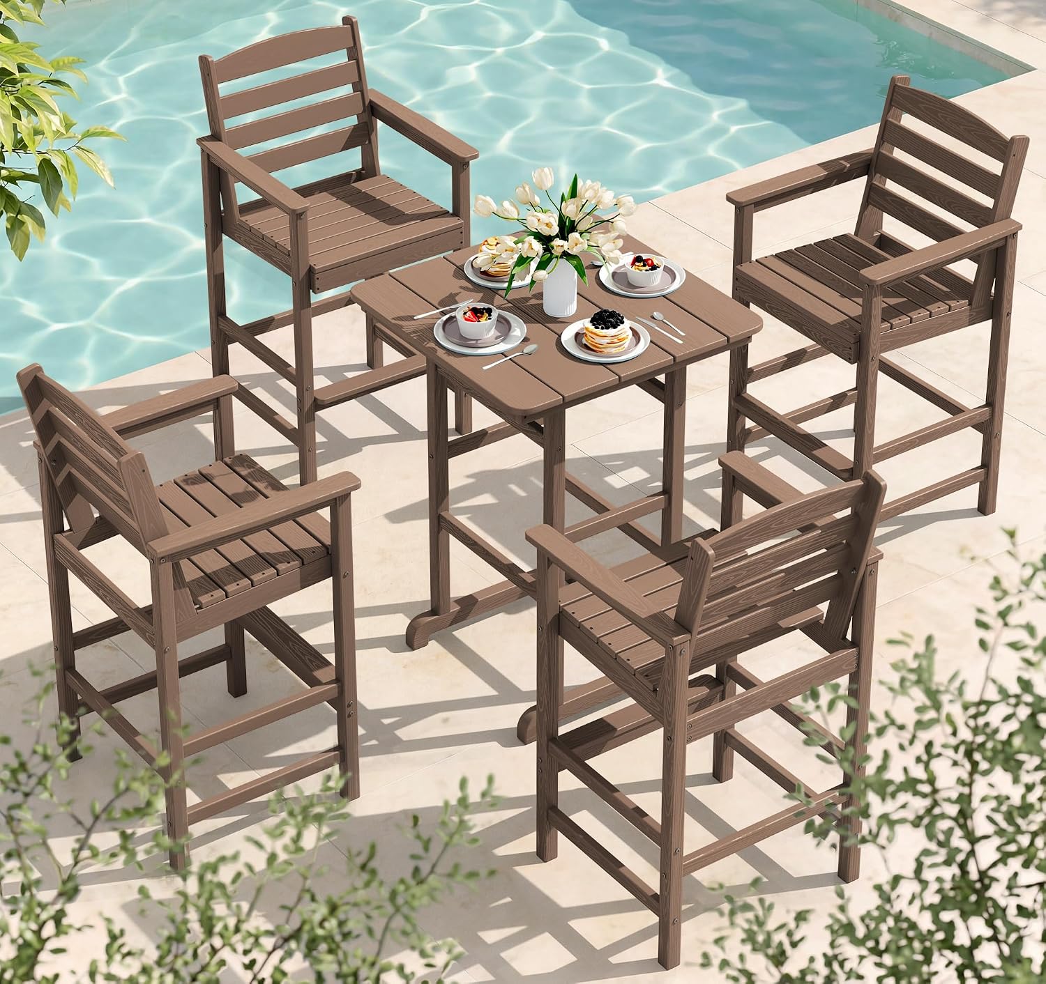 SERWALL 5 Pieces Adirondack Bar Chairs Set with Bar Table, HDPE Outdoor Barstool Set, Brown