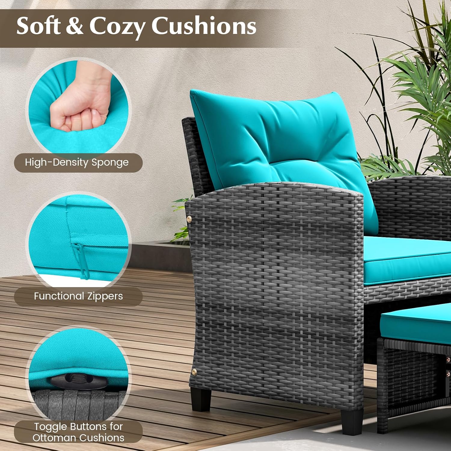 KOTEK 5 Pieces Patio Furniture Set with Ottomans, Wicker Patio Conversation Set with Coffee Table & Cushions, PE Rattan Outdoor Lounge Chairs for Backyard, Porch, Poolside (Mix Grey- Turquoise)