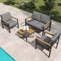 4-Piece Outdoor Patio Furniture Set, Metal Conversation Sofa Set with Deep Cushions & Wood-Like Armrests, Modern Patio Seating with Coffee Table for Garden, Porch, Balcony, Backyard (Black)