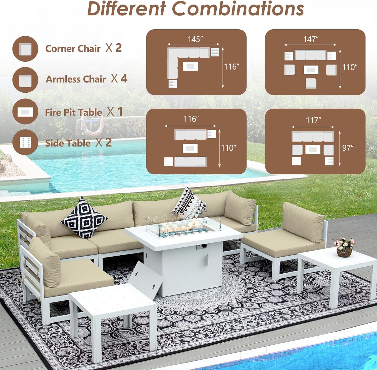 RADIATA 6 Seat Large Luxury Aluminum Patio Conversation Set with Fire Pit Table & Side Table, 29 inch Wide Deep Seated, U Shaped Sectional Couch, 500 lbs Heavy Duty Outdoor Sofa for Backyard, Beige