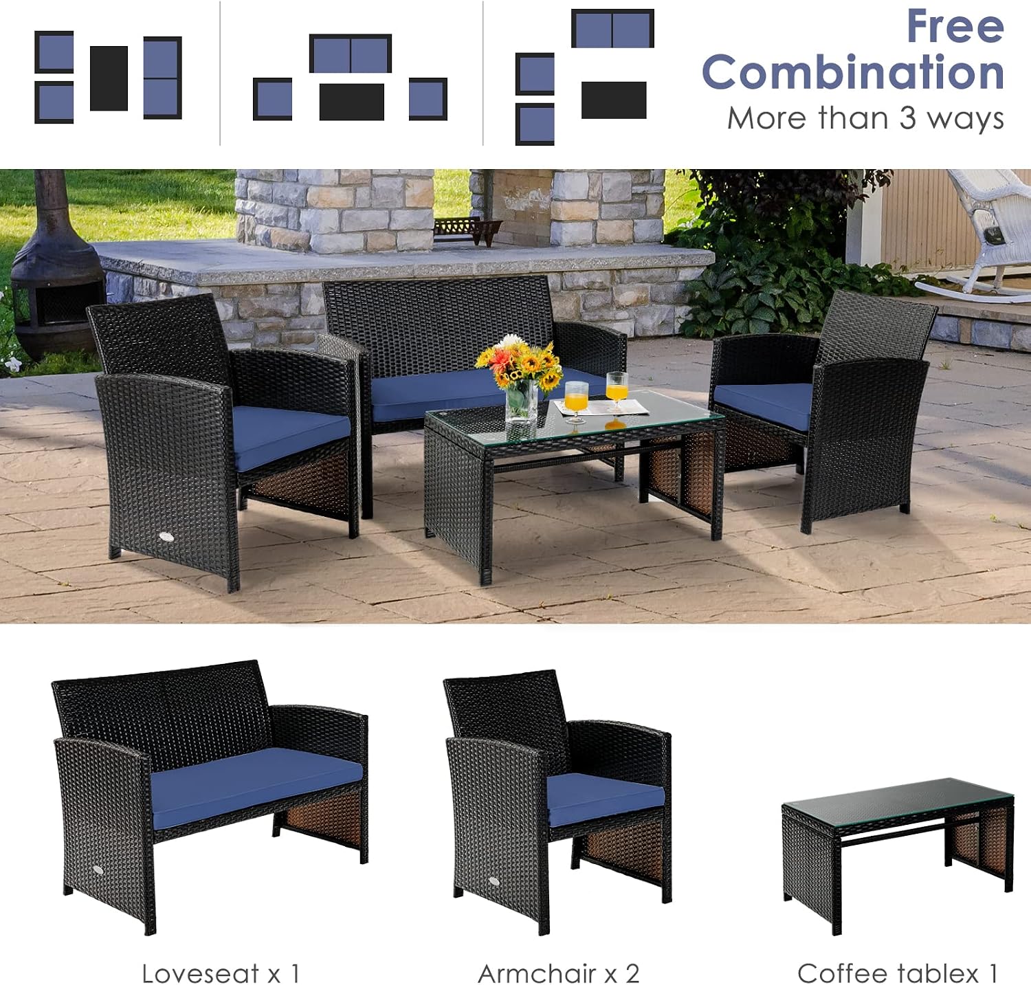 COSTWAY Patio Furniture Set 4 Pieces, Outdoor Wicker Chairs Sofa w/Coffee Table and Soft Cushions, Rattan Conversation Sets for Patio Lawn Backyard Yard Pool Garden, Navy
