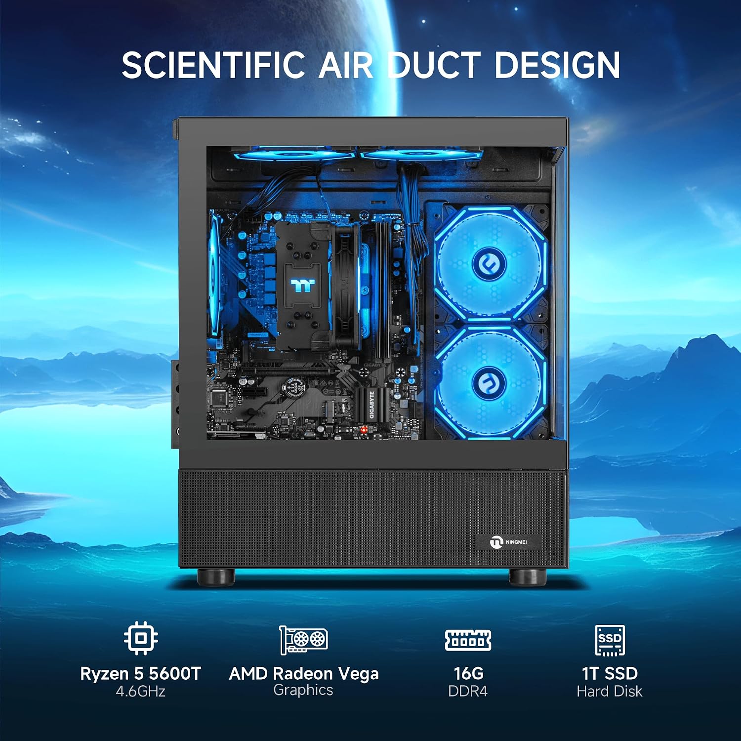 Gaming PC Desktop Computer, AMD Ryzen 5 5600GT 16GB RAM 1TB NVMe SSD, Prebuilt Tower PC with Integrated Graphics, ATX 3.0 Power, RGB Cooling Fans, Windows 11 Home for Home Office, and student(Black)