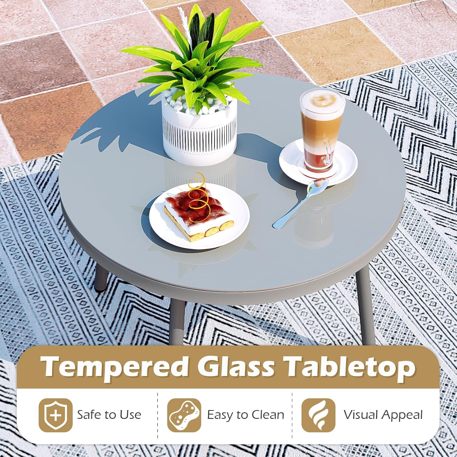 Tangkula 3 Pieces Patio Furniture Set, Outdoor Rattan Wicker Bistro Conversation Set with Cushioned Papasan Chairs and Tempered Glass Coffee Table for Porch, Balcony, Deck and Garden