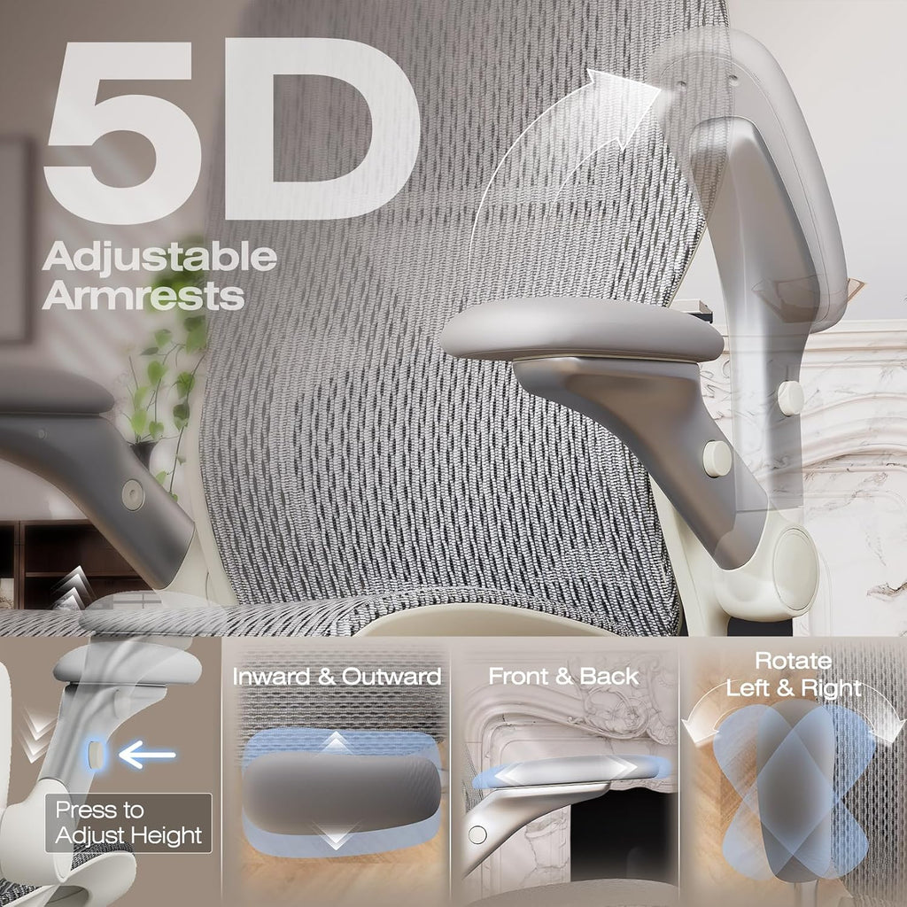 ELABEST X100 Ergonomic Mesh Office Chair with Footrest, Big and Tall Hone Desk Chair with 5D Flip-Up Arms, Adjustable 3D Lumbar Support,Gaming & Executive Computer Chairs (First Light)
