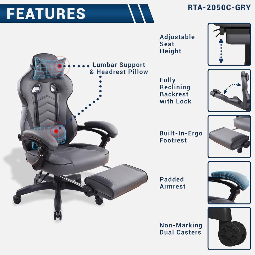 Executive Office or Gaming Chair with Footrest, Padded PU Leather Office Chair with 150-Degree Recline, Lumbar Support & Headrest Pillow, Grey