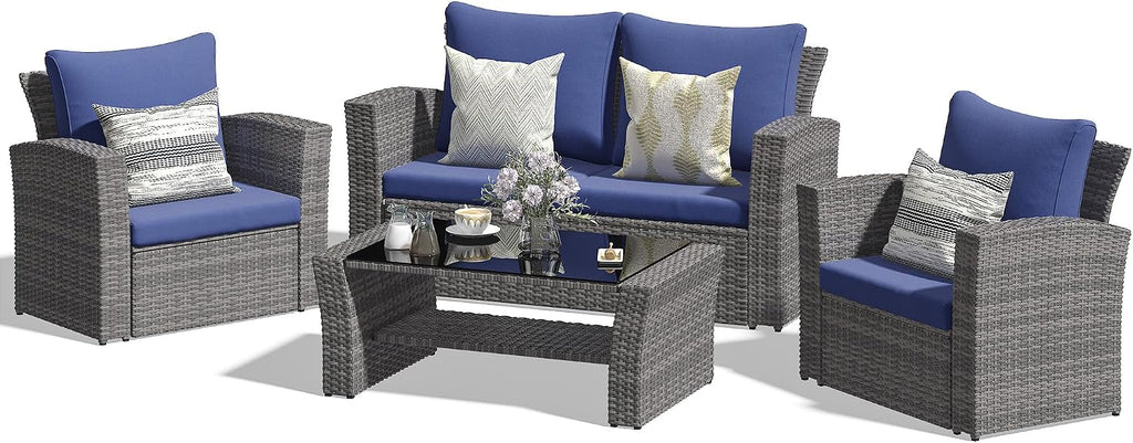 FansaFurn 4-Piece Outdoor Patio Furniture Set, All Weather Wicker Rattan Sectional Sofa Conversation Seating Set with Cushions & Large Glass Coffee Table, Ideal for Garden Backyard Porch, Blue
