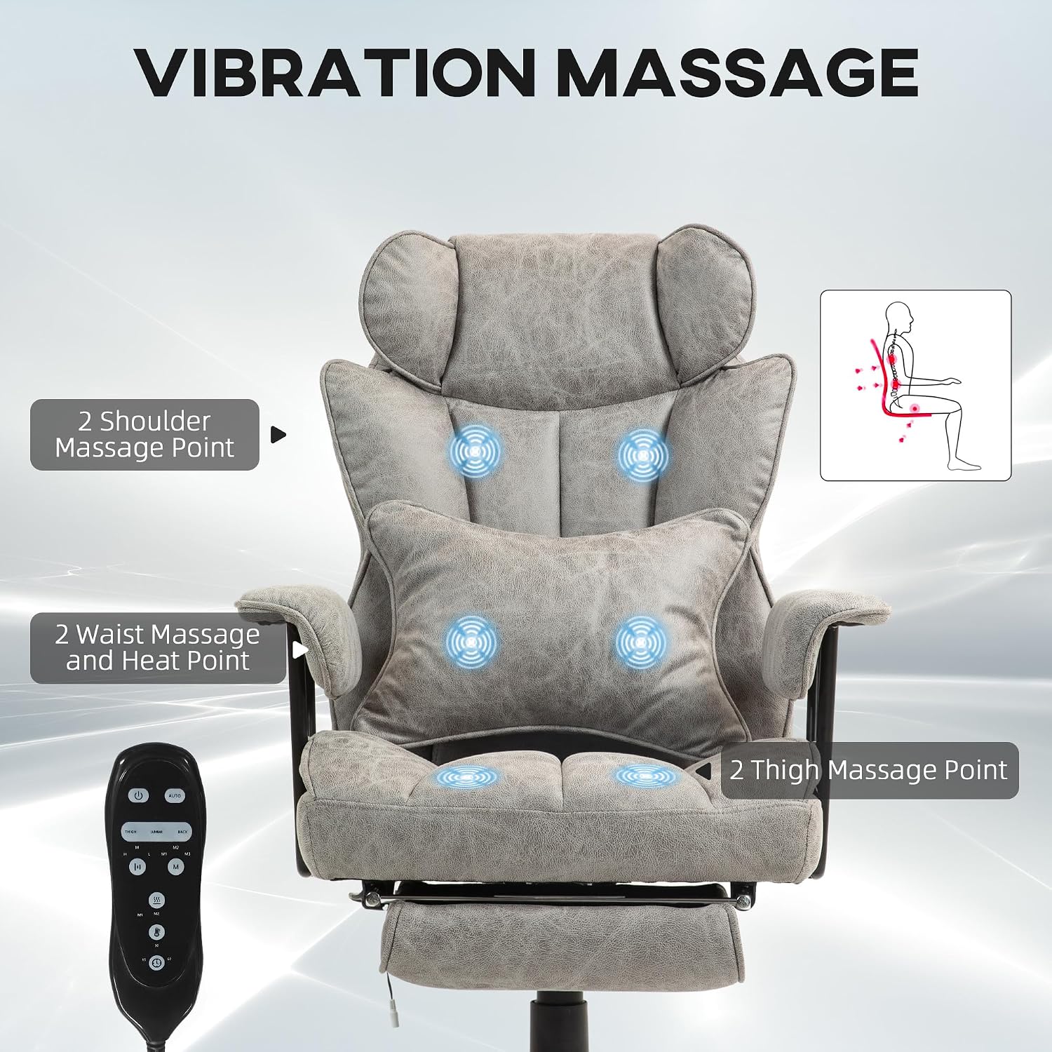 HOMCOM Massage Executive Office Chair with 6 Vibration Points, 400LBS Heated Big and Tall Office Chair with Foot Rest and Lumbar Support, Microfiber Reclining Computer Desk Chair, Gray