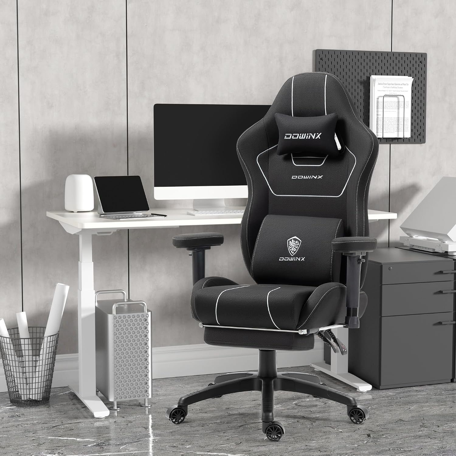 Dowinx Gaming Chair with Pocket Spring Cushion, Breathable Fabric Ergonomic Office Chair with Footrest & Massage Lumbar Support, Comfortable Reclining Chair for Long Hours Sitting, 350LBS, Black