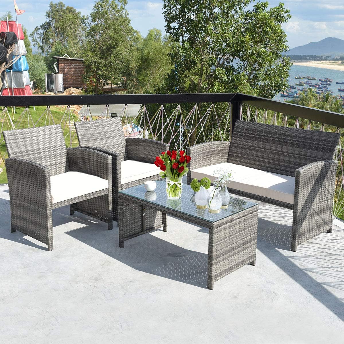 COSTWAY Patio Furniture Set 4 Pieces, Outdoor Wicker Chairs Sofa w/Coffee Table and Soft Cushions, Rattan Conversation Sets for Patio Lawn Backyard Yard Pool Garden, White