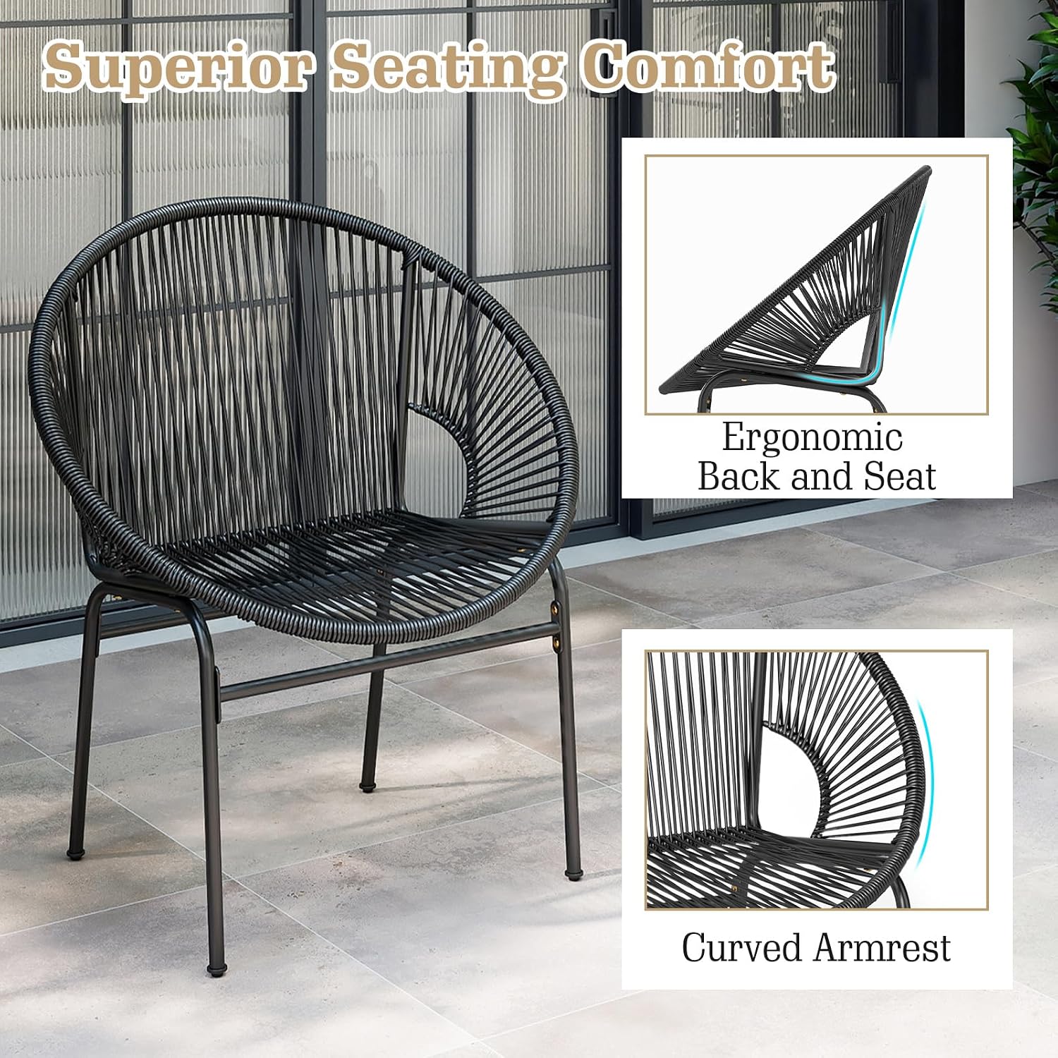 Tangkula 3 Piece Outdoor Patio Furniture Set, Acapulco Chair Set w/Plastic Rope, Tempered Glass Table, All Weather Patio Bistro Set for Patio, Lawn, Garden, Backyard (Black)