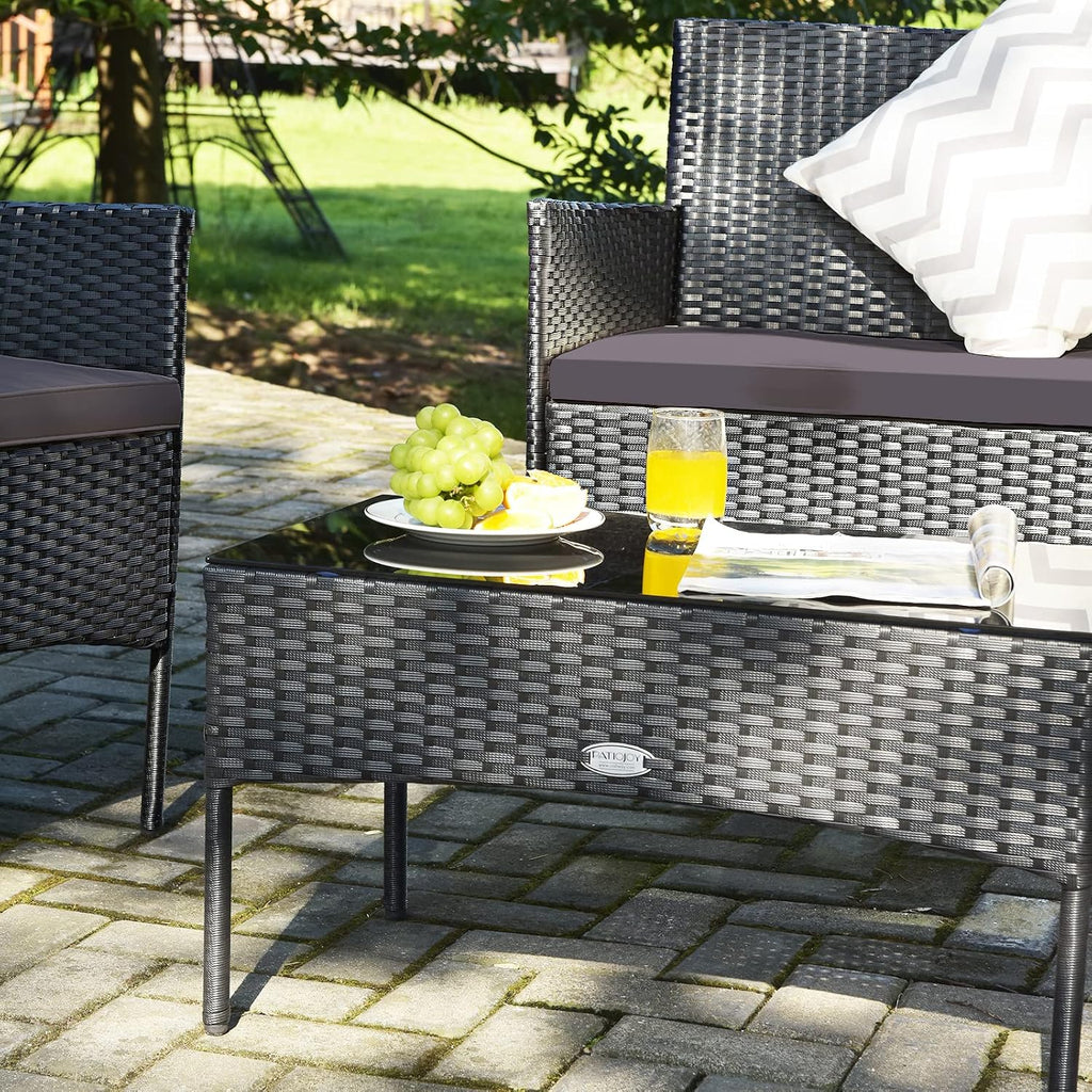 Tangkula 4 Pieces Patio Rattan Conversation Set, Outdoor Wicker Furniture Set with Tempered Glass Coffee Table &Thick Cushion, Rattan Chair Wicker Set for Garden, Lawn, Poolside and Backyard