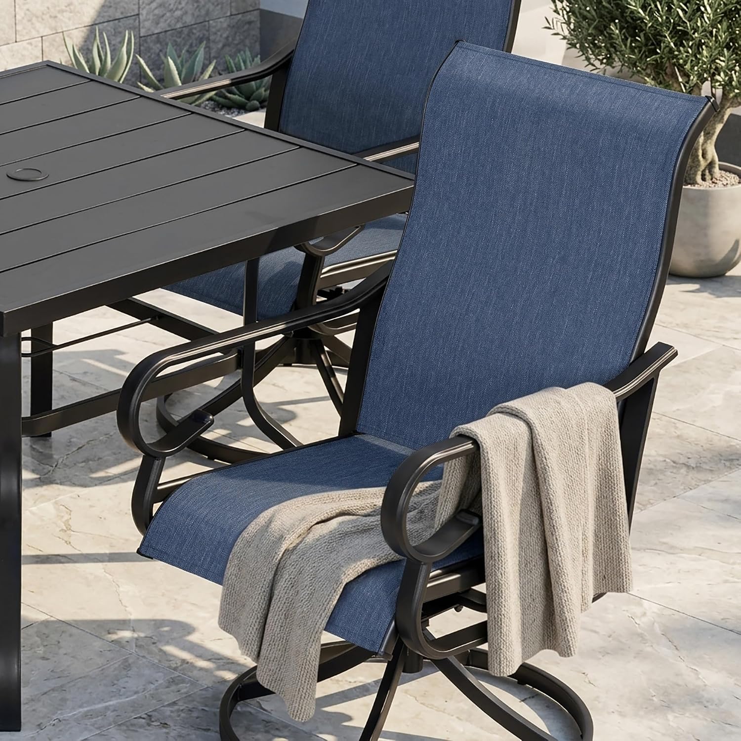 NUU GARDEN 5-Piece Breathable Textilene Outdoor Dining Set, Slatted Outdoor Table and Chairs with Swivel Base, All Weather Patio Furniture Set with Umbrella Hole for Backyard, Garden, Blue