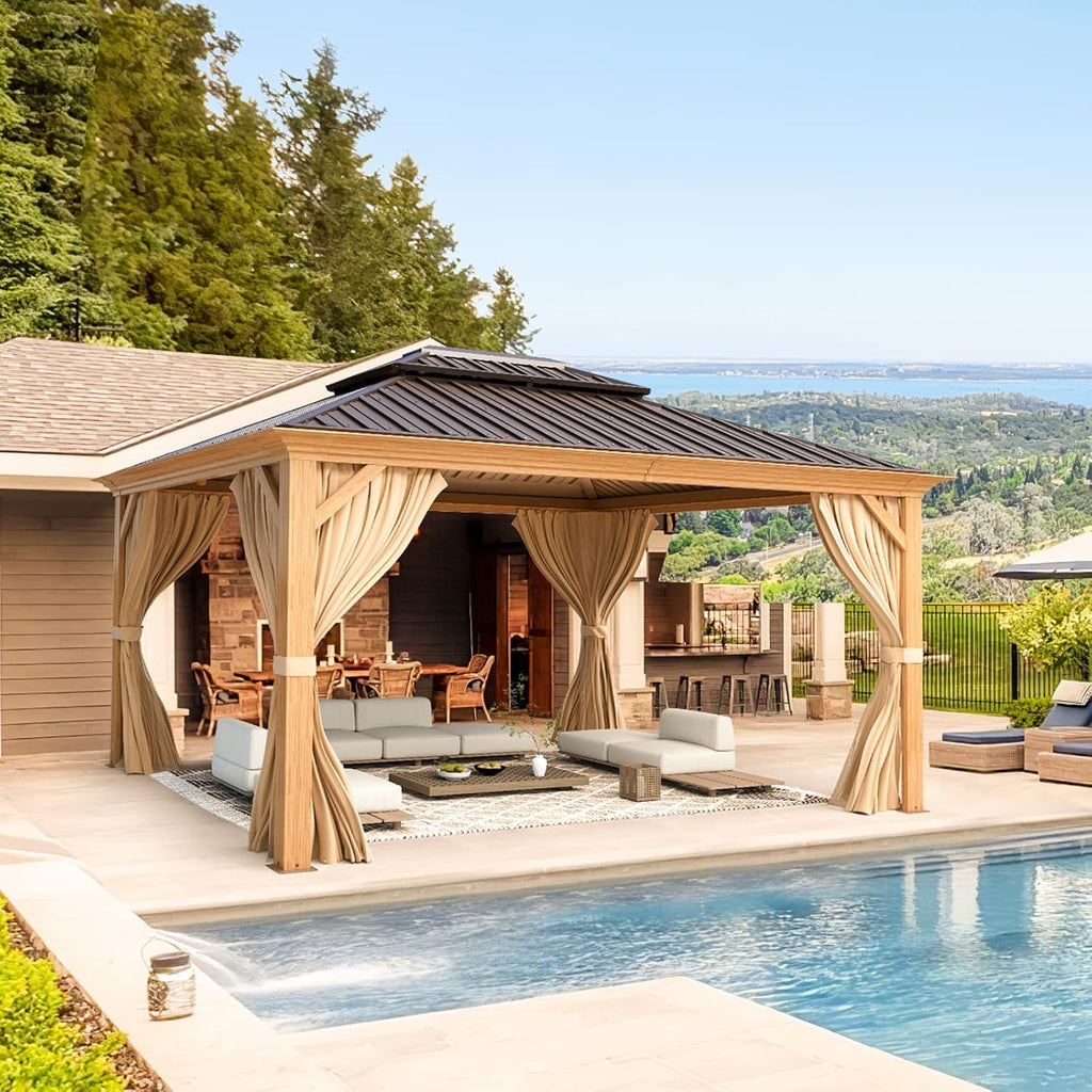 YOLENY 10' x 12' Hardtop Gazebo, Wood-Looking Gazebo with Galvanized Steel Double Roof, Aluminum Frame, Permanent Metal Pavilion with Netting and Curtains for Deck, Backyard, Patio and Lawns