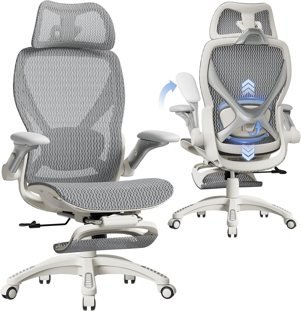 ELABEST X100 Ergonomic Mesh Office Chair with Footrest, Big and Tall Hone Desk Chair with 5D Flip-Up Arms, Adjustable 3D Lumbar Support,Gaming & Executive Computer Chairs (First Light)