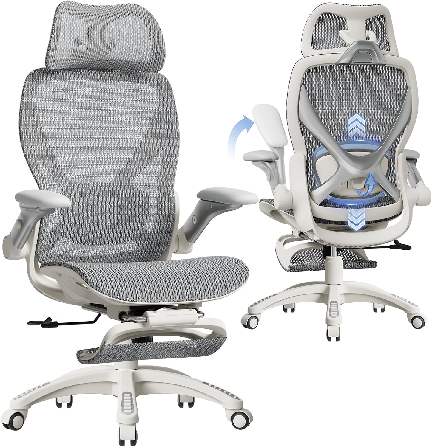 ELABEST X100 Ergonomic Mesh Office Chair with Footrest, Big and Tall Hone Desk Chair with 5D Flip-Up Arms, Adjustable 3D Lumbar Support,Gaming & Executive Computer Chairs (First Light)