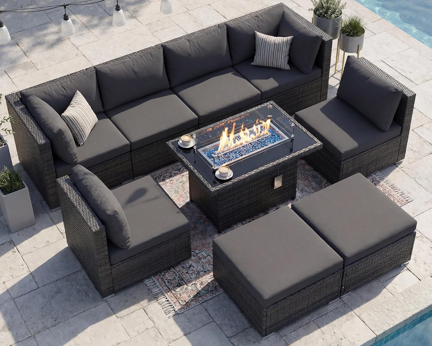 RADIATA 9 Piece Wicker Patio Furniture Set with Fire Pit, All-Weather Outdoor Sectional Couch High Back Large Size, Modular Backyard Seating Sofa Set with Propane/Natural Gas Firepit Table, Dark Grey