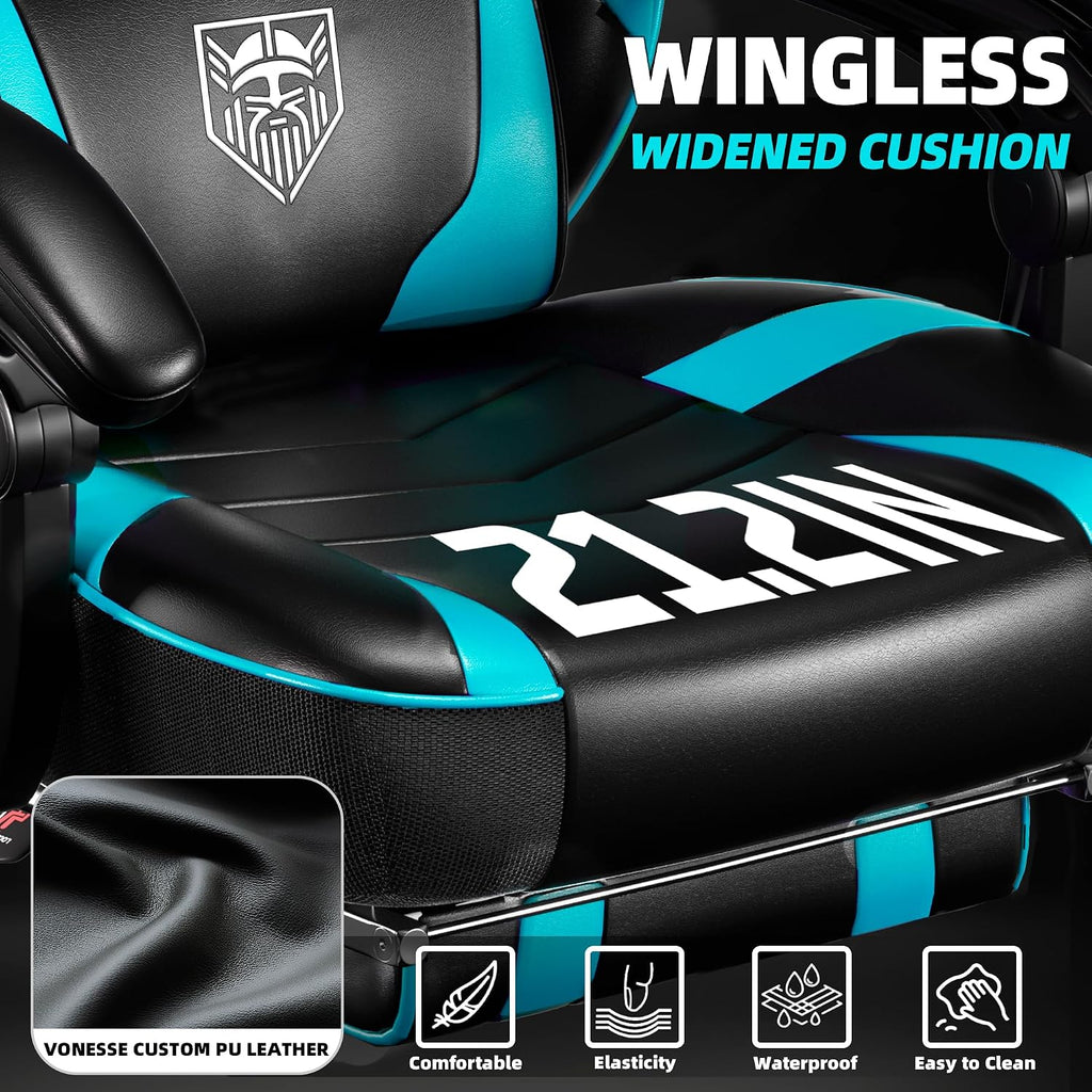 Vonesse Gaming Chair, Big and Tall Gaming Chair with Footrest and Massage, Gaming Chairs for Adults with Lumbar Support, Ergonomic High Back Computer Chair with Pocket Spring Cushion (Cyan/Black)