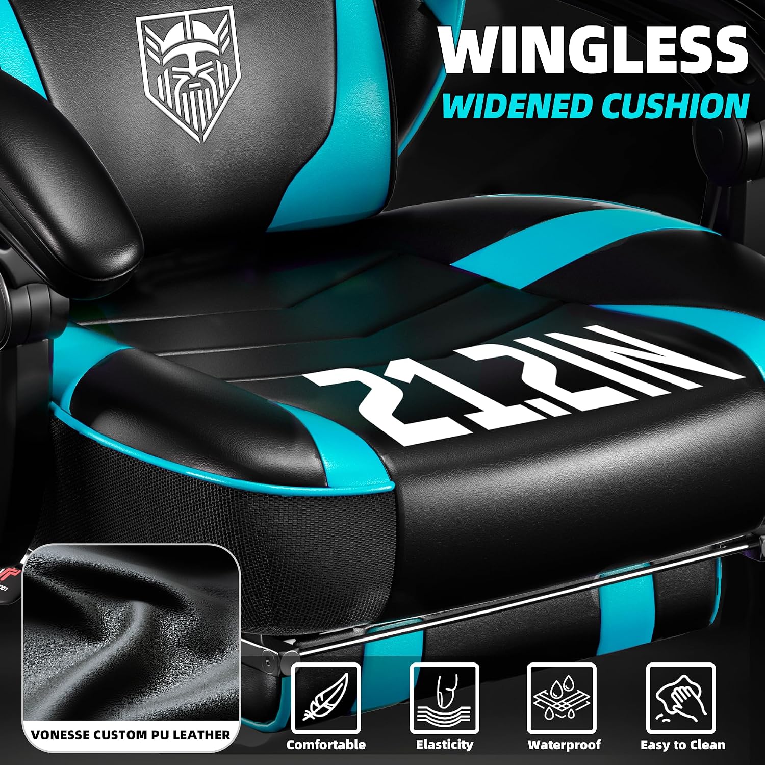 Vonesse Gaming Chair, Big and Tall Gaming Chair with Footrest and Massage, Gaming Chairs for Adults with Lumbar Support, Ergonomic High Back Computer Chair with Pocket Spring Cushion (Cyan/Black)