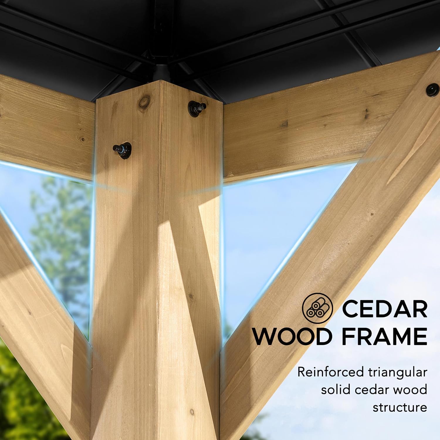Sunjoy 11 x 11 ft. Wood Gazebo Upgrade Cedar Framed Gazebos with Black Double Steel Hardtop Roof for Garden, Backyard Shade, Matte Black Roof + Natural Wood Frame