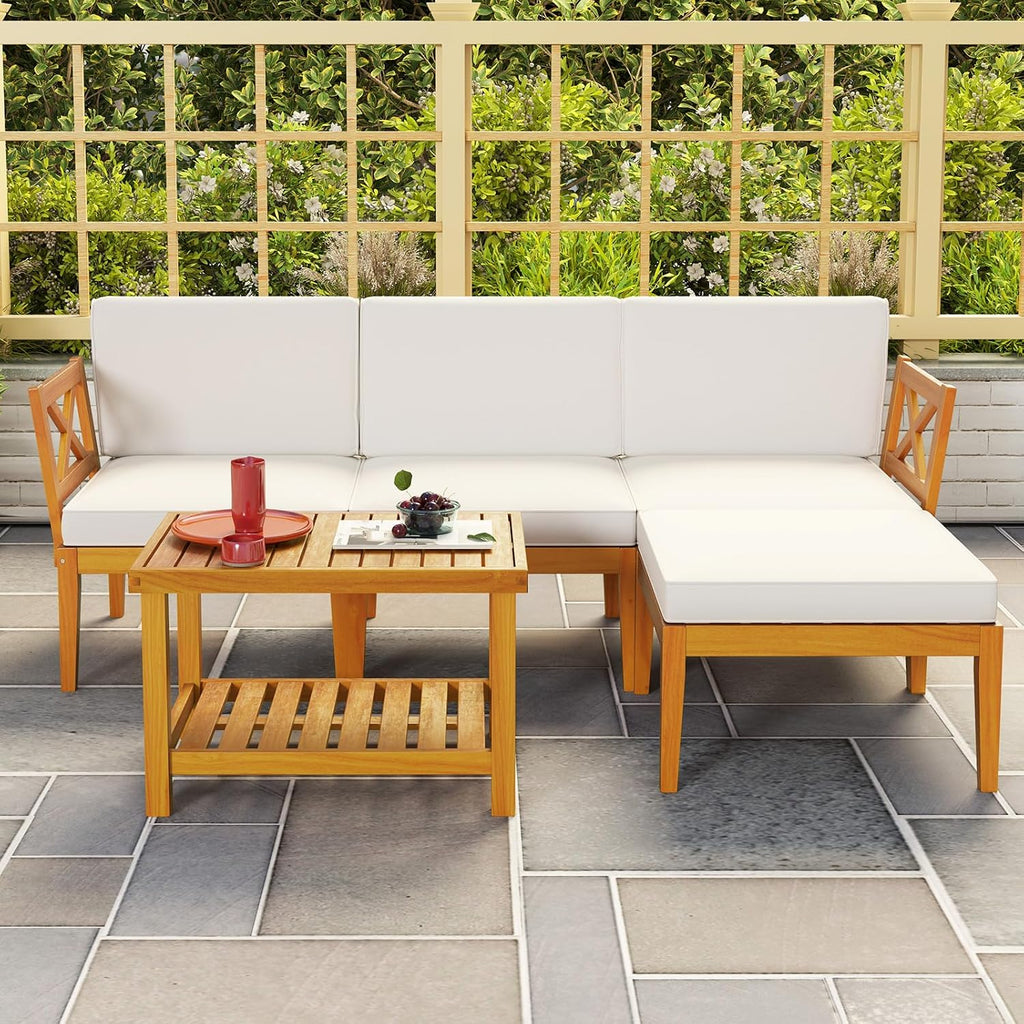 HAPPYGRILL 5 Pieces Acacia Wood Patio Furniture Set, Outdoor Sectional Couch with 2-Tier Coffee Table and Cushions, L Shaped Outdoor Conversation Set for Porch, Garden, Backyard
