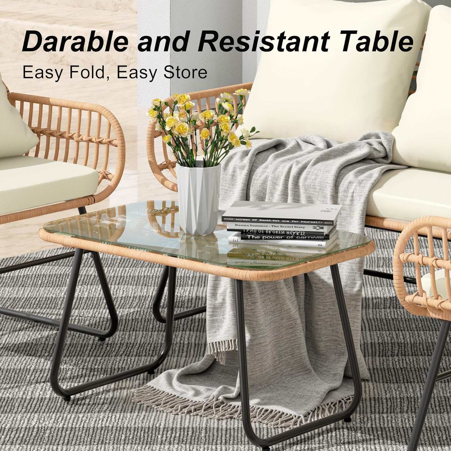 LEX CRAFT 4-Piece Wicker Outdoor Patio Furniture Set with Cushions & Tempered Glass Table, All-Weather Rattan Bistro Set with Loveseat Chairs Table Soft Cushions for Garden, Porch, Backyard (Beige)