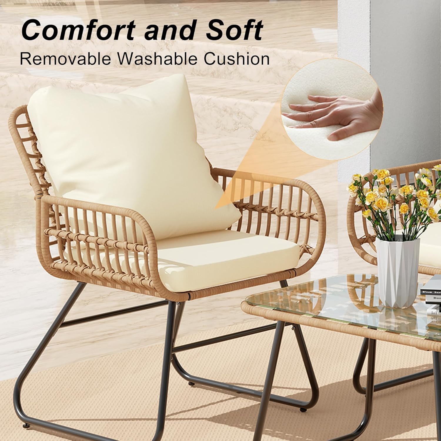 LEX CRAFT 4-Piece Outdoor Patio Furniture Set with Cushions & Tempered Glass Table, All-Weather Rattan Bistro Set with Loveseat Chairs Table Soft Cushions for Garden, Porch, Backyard (Yellow)