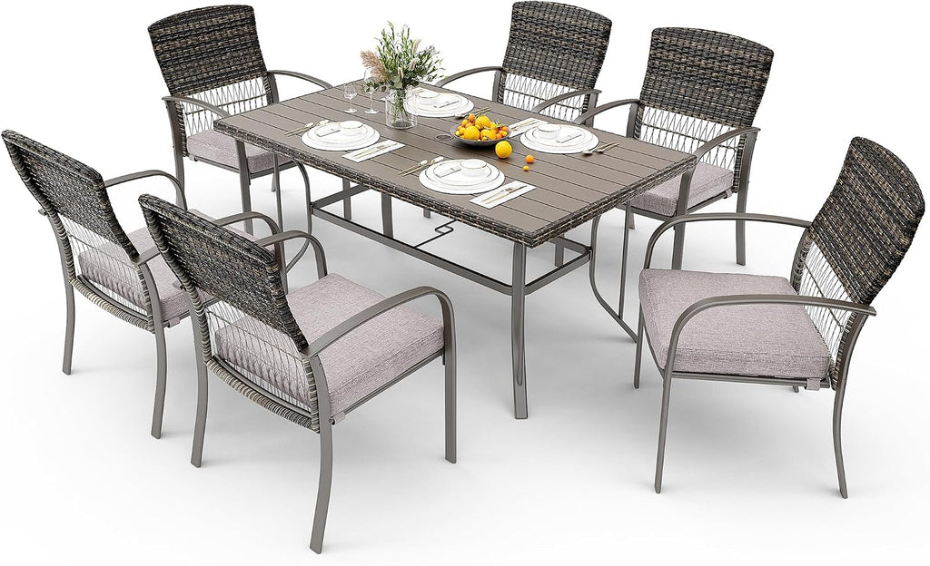 Pamapic 7-Piece Outdoor Dining Set, Grey Wicker Patio Furniture with Removable Cushions & Iron Slat Table, All-Weather Garden/Deck/Backyard Furniture Set (Grey)