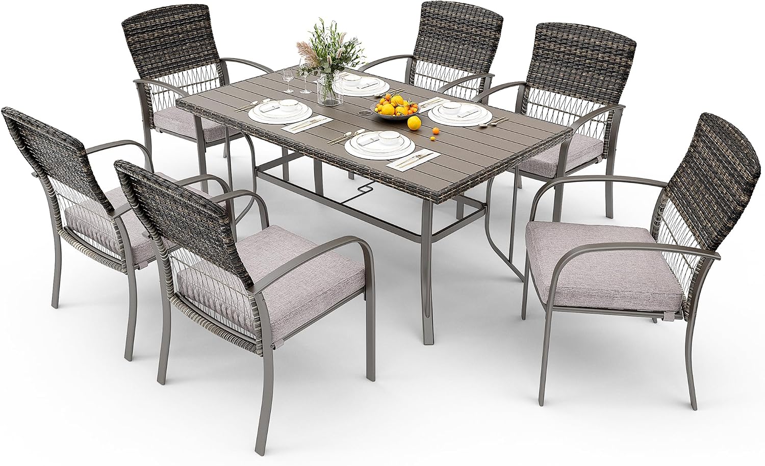Pamapic 7-Piece Outdoor Dining Set, Grey Wicker Patio Furniture with Removable Cushions & Iron Slat Table, All-Weather Garden/Deck/Backyard Furniture Set (Grey)