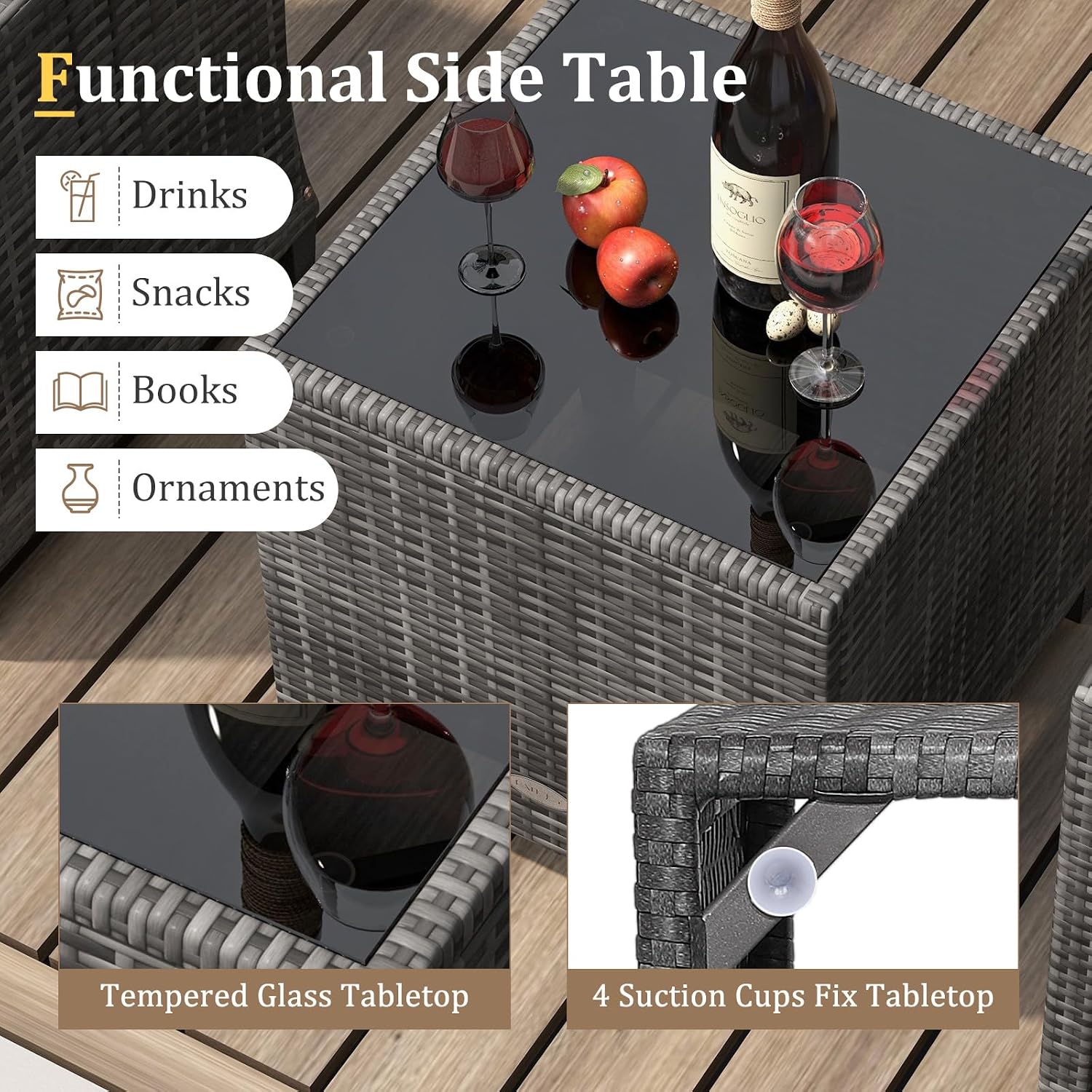 RELAX4LIFE 3 Piece Patio Furniture Set, Wicker Bistro Conversation Set w/2 Cushioned Armchairs & Glass Topped Table, Outdoor Rattan Sofa Set Patio Furniture for Porch Balcony Poolside (Grey-Beige)