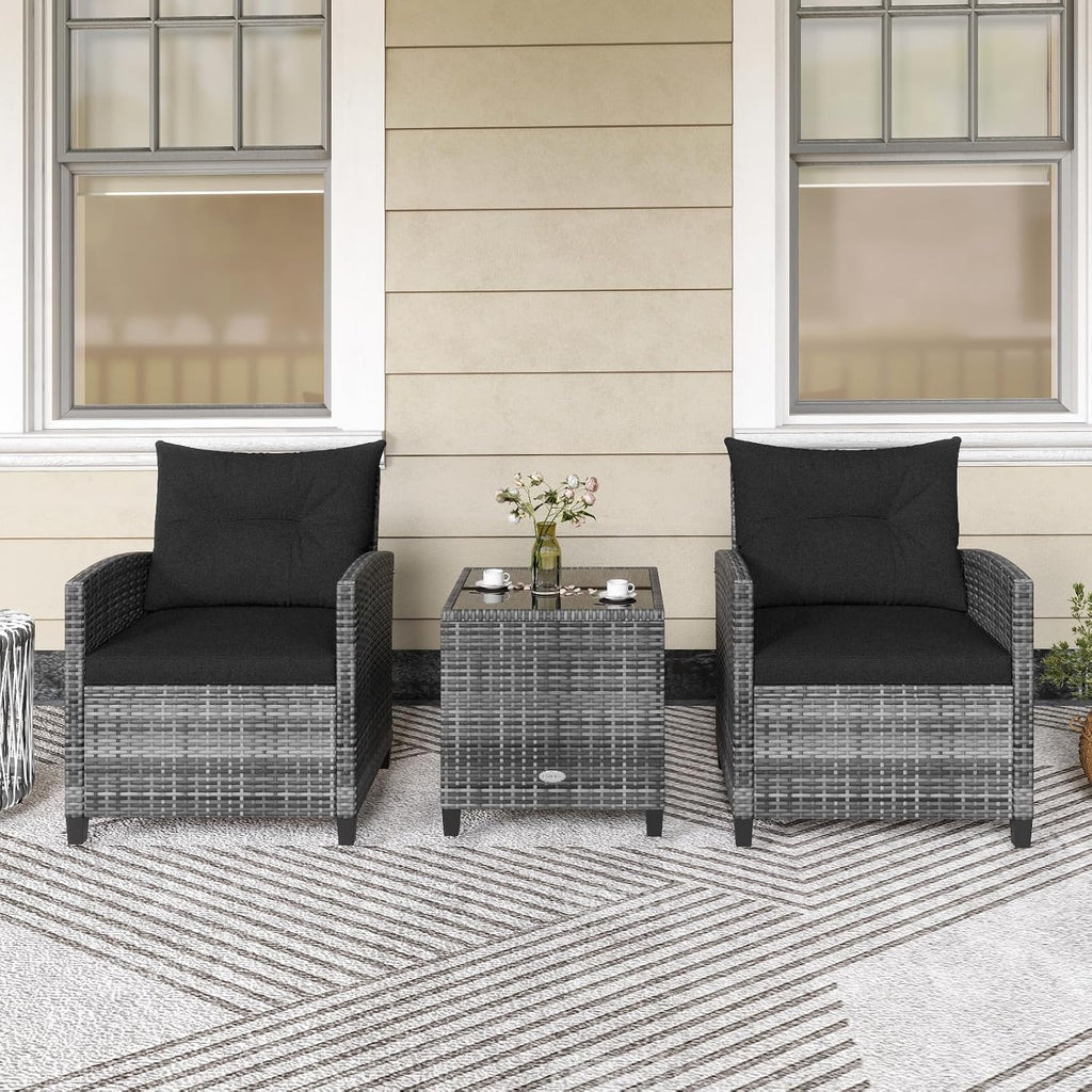 KOTEK 3 Piece Patio Furniture Set, Outdoor PE Rattan Conversation Set with Washable Cushions & Tempered Glass Tabletop, Wicker Chairs and Table Set for Porch, Garden, Balcony (Black)