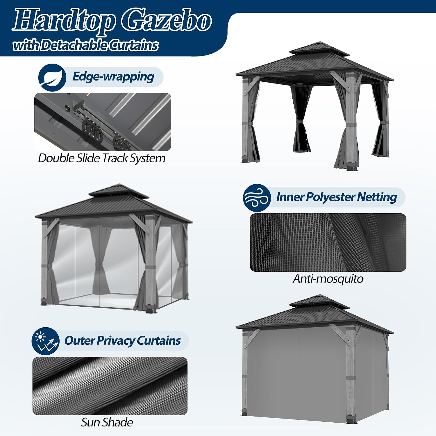 COVERONICS 10'x10' Outdoor Wood Gazebo - Hardtop Wooden Gazebo with Galvanized Steel Roof, Heavy-Duty Pavilion with Netting & Curtains for Garden, Poolside, Deck, Backyard
