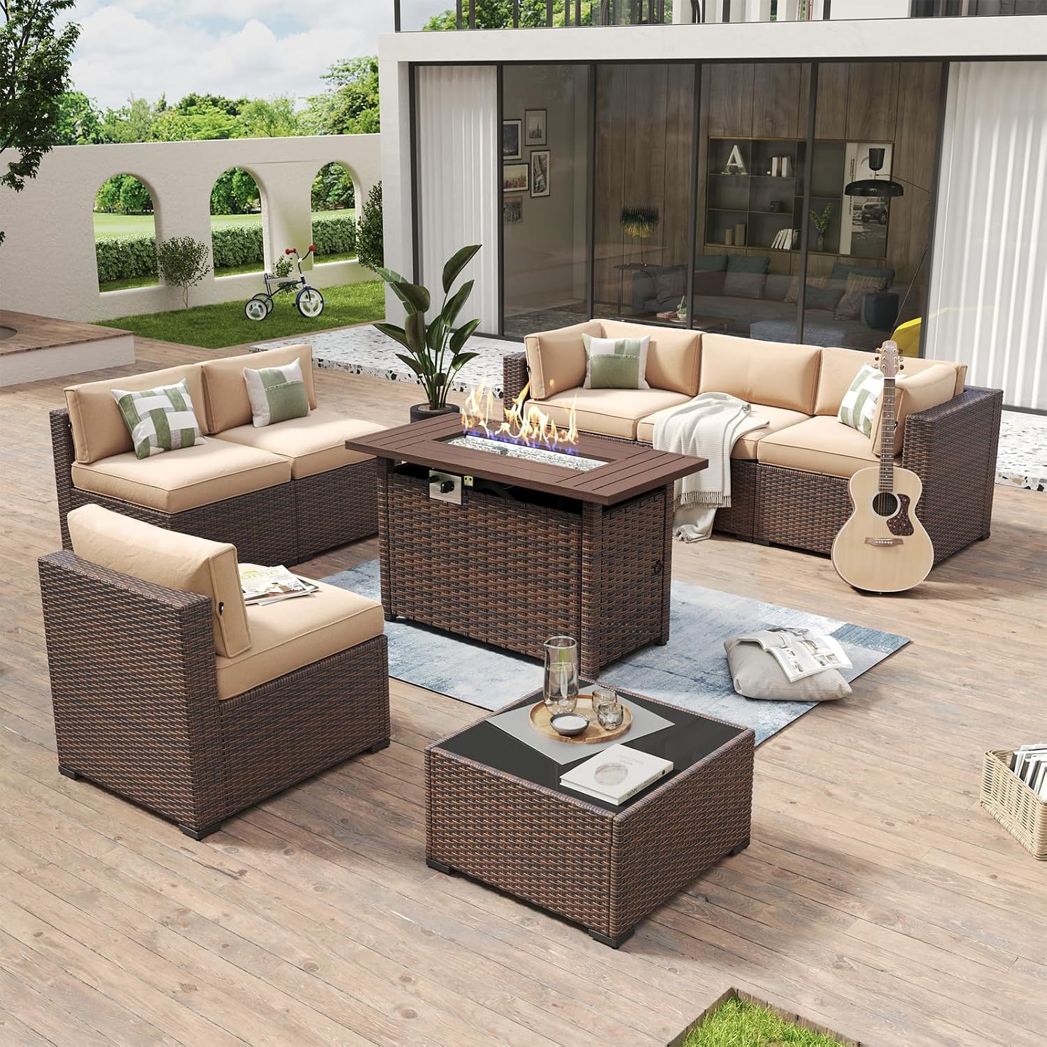 Aoxun 8 Piece Patio Furniture Set with 44' Fire Pit Table Wicker Rattan Outdoor Sectional Sofa Set with Coffee Table and Thickened Cushions, Beige (Waterproof Cover Included)