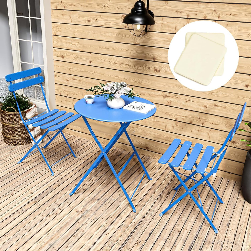 Patio Bistro Set Outdoor Furniture Set Folding Bistro Table and Chairs Conversation Set for Bistro Balcony Porch Yard Garden(Blue with Cushion)
