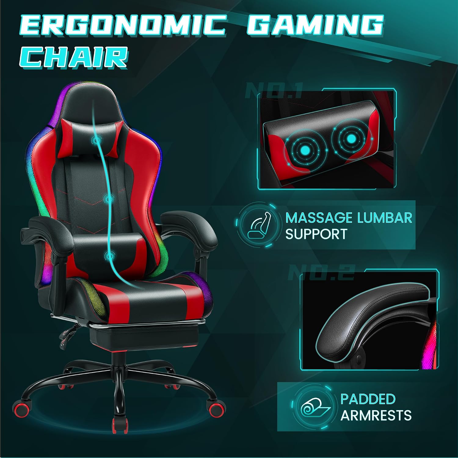 Gaming Chair with RGB, Computer Gaming Chairs with LED Lights and Footrest for Home, Office, Red and Black