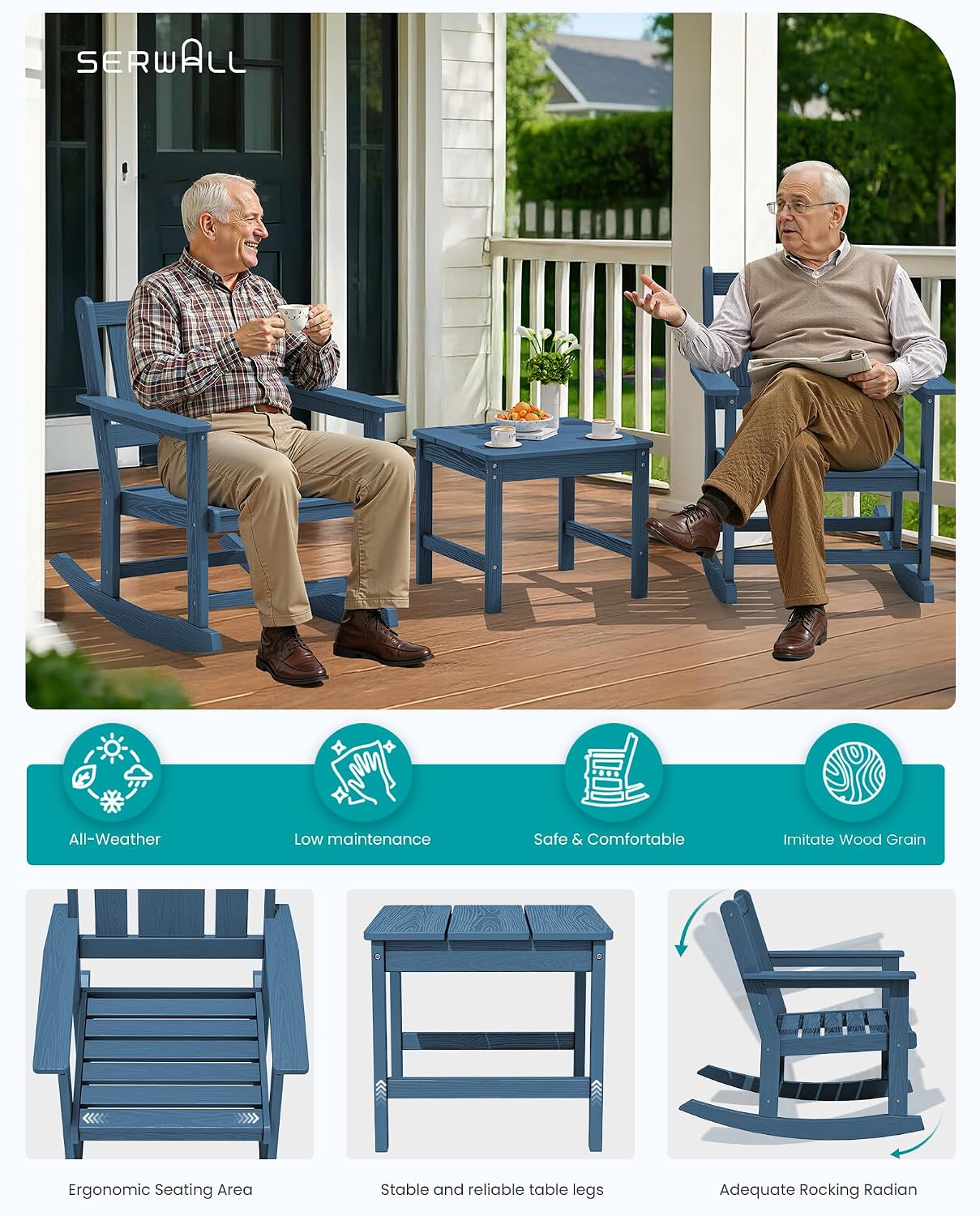 SERWALL Outdoor Rocking Chairs Set of 2 with 1 Side Table & 9ft Patio Umbrella, All-Weather HDPE 3 Piece Patio Furniture Set(Umbrella Base Not Included), Blue