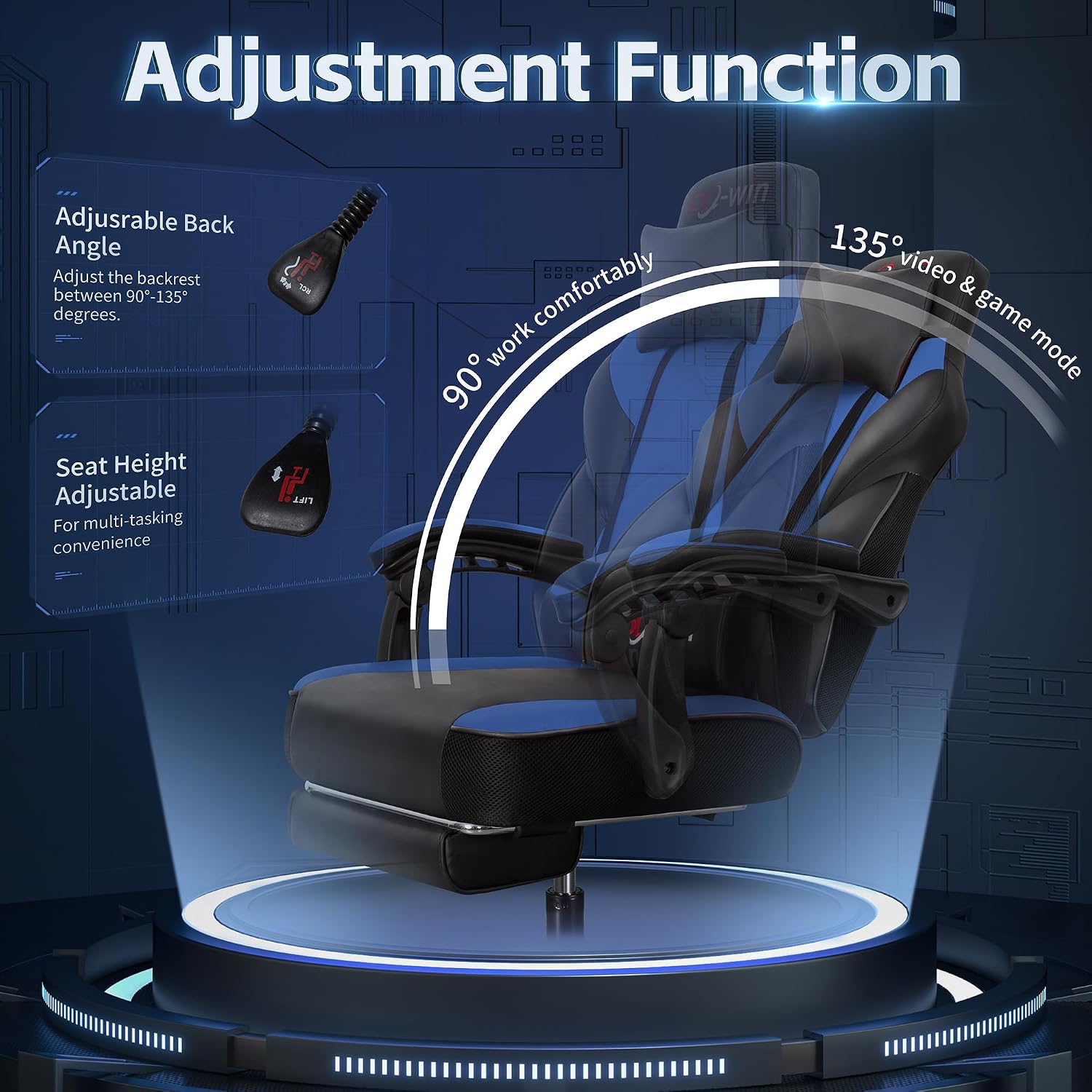 Gaming Chair with Footrest & Lumbar Support, Ergonomic Racing Style Computer Chair, 360° Swivel Height Adjustable Video Game Chair, Massage Office Chair Gaming Equipment, Blue