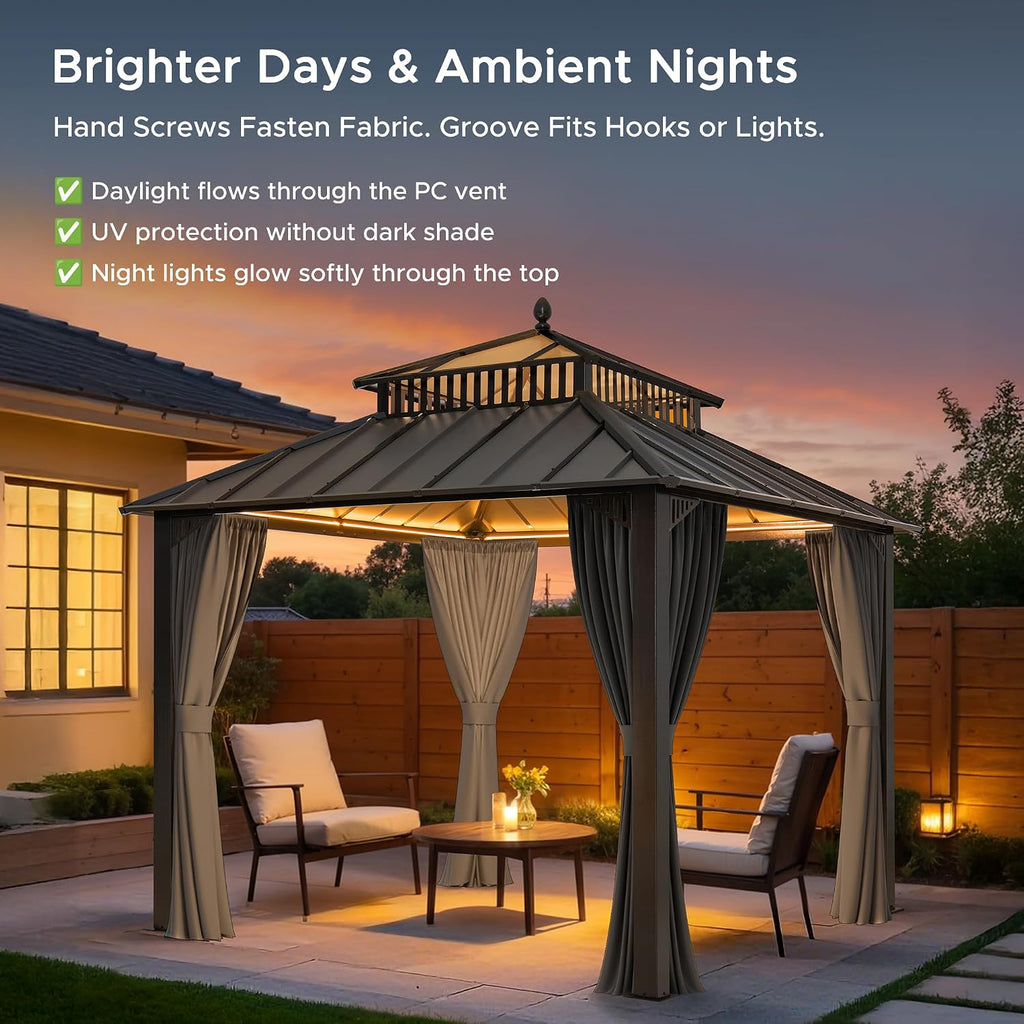 SUNJOY Kingston 10' x 10' Hardtop Gazebo with Galvanized Steel/Polycarbonate Double Roof, Curtain and Netting, Gray Aluminum Posts Permanent Pavilion Gazebo for Garden, Patio, Deck, Lawn