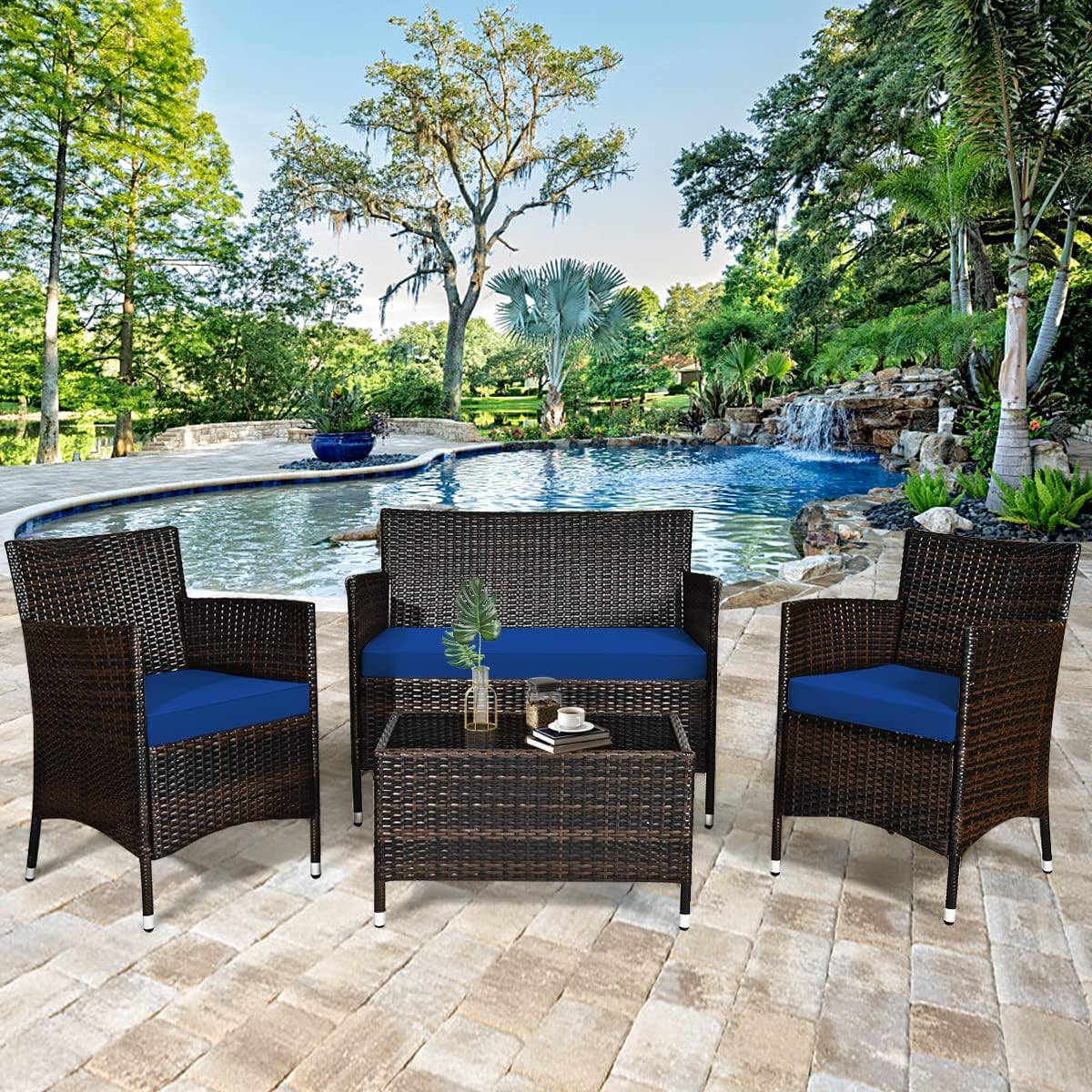 HAPPYGRILL 4 Pieces Patio Sofa Set Rattan Wicker Furniture Patio Conversation Set with Cushioned Sofa and Coffee Table for Outdoor Backyard Garden Poolside